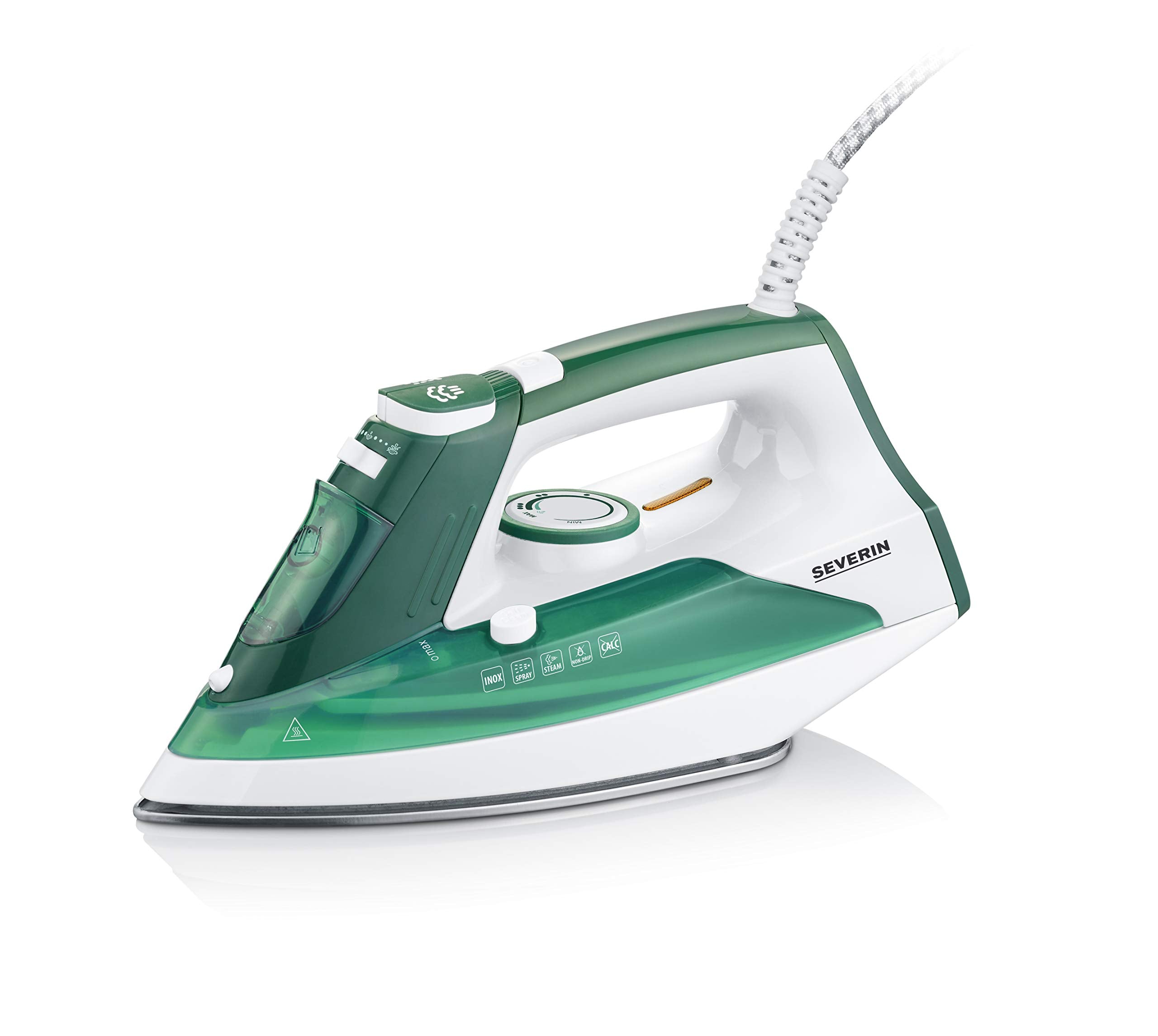Fier de călcat cu aburi SEVERIN, cu talpă robustă din oțel inoxidabil, 2400 W, jet de abur min. 85 g, abur variabil min. 30 g, rezervor de apă detașabil, funcție anti-picurare, 175 ml, alb-verde, BA 3261