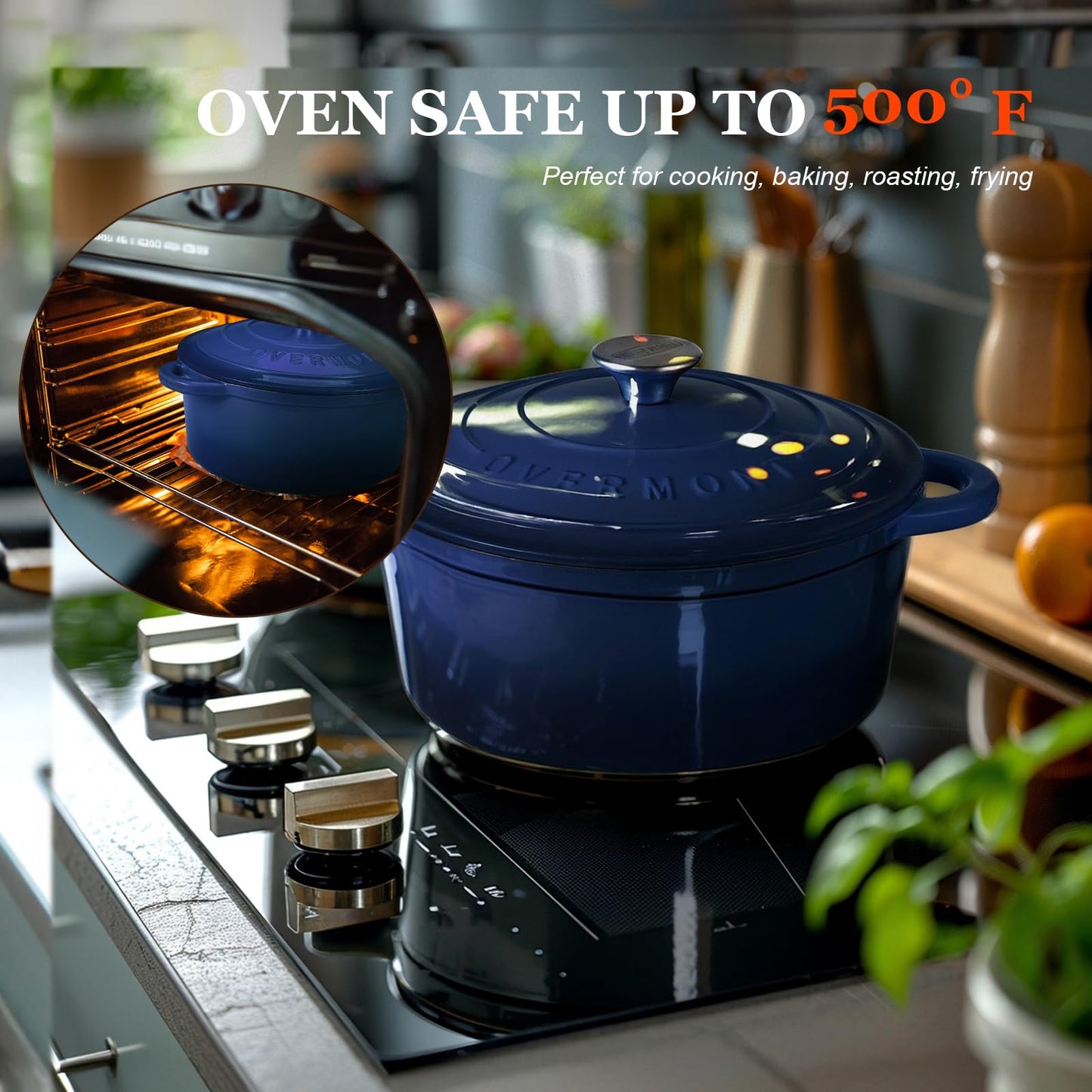 Overmont roasting pan enamel cast iron pot - casserole 24cm oven-safe - with lid and cookbook - for kitchen baking stewing roasting indigo blue - 24CM-Enamel-Indigo