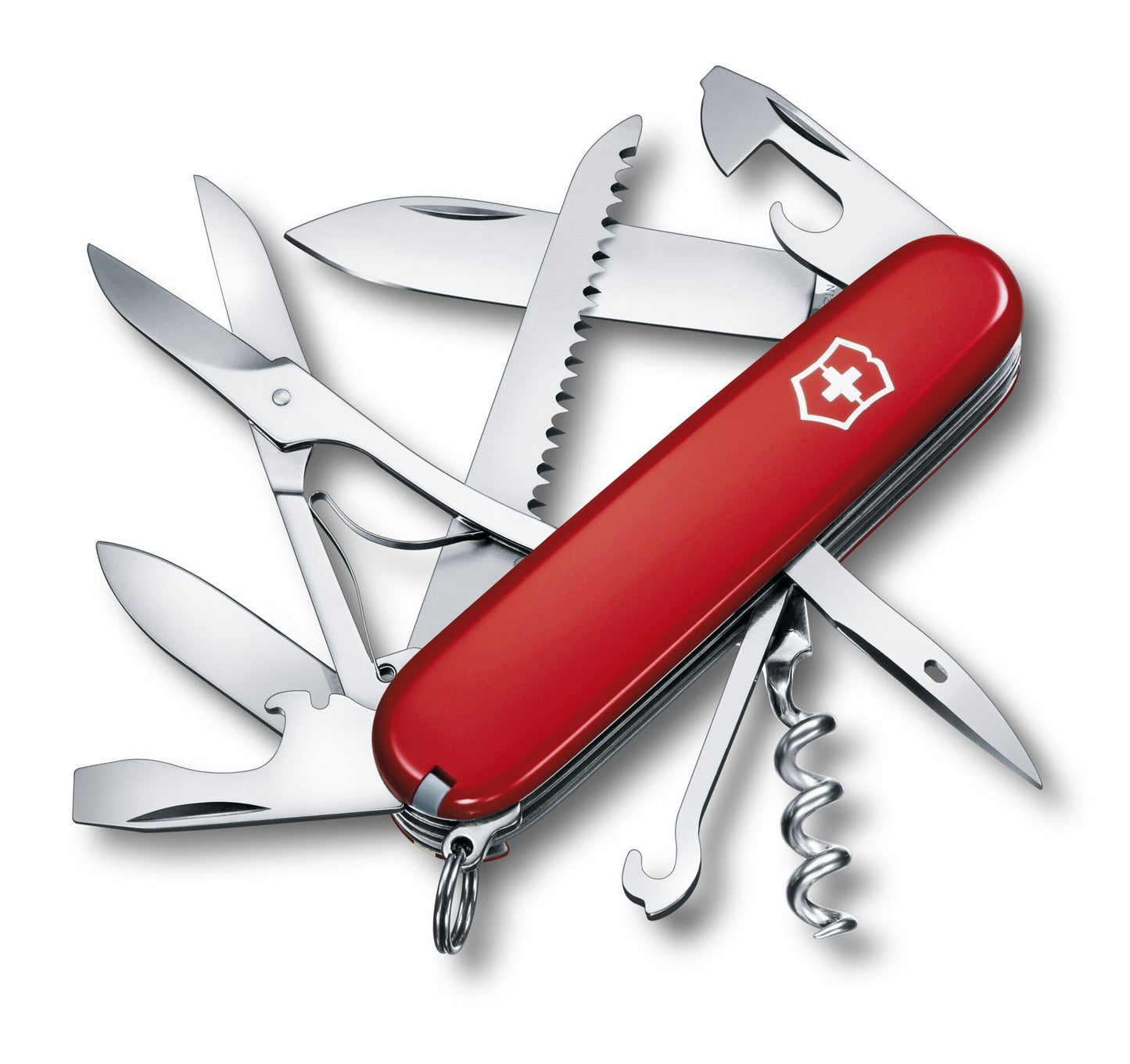 Victorinox Swiss Army Knife Huntsman, Multitool, Swiss Army Knife with 15 functions, blade, corkscrew, can opener, folding box, red transparent - 1.3713.T