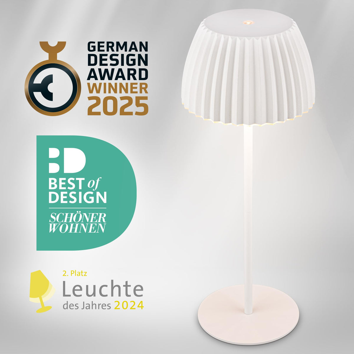 BRILONER - Riffle LED table lamp, wireless, IP44 with light edge, touch dimmer, replaceable battery, bedside lamp, reading lamp, LED lamp, battery lamp, German Design Award Winner 2025, 14.5x36.5 cm, White - 7553016
