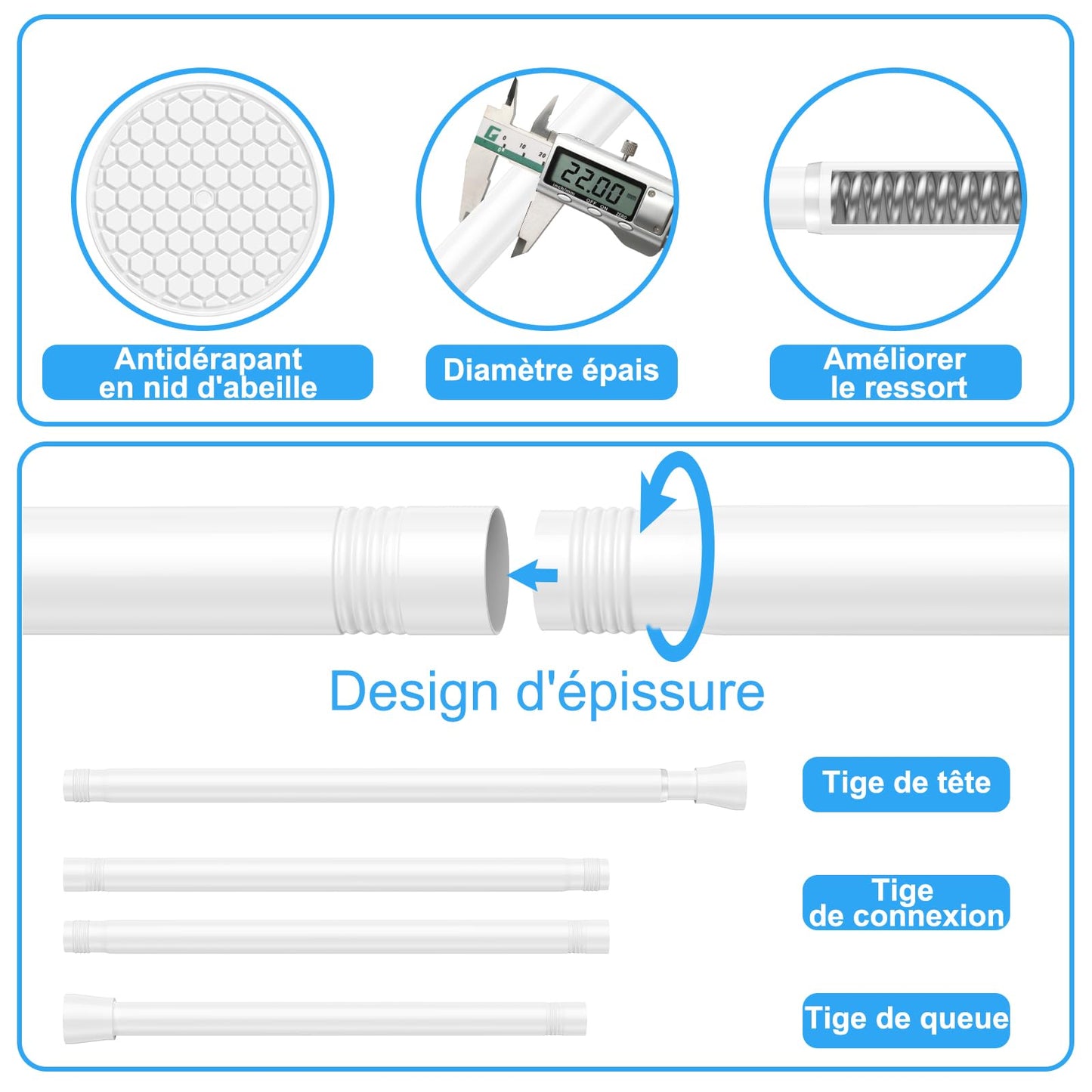 ZipGlo shower curtain rod 75-165cm extendable shower curtain rod for bathroom, window, wardrobe, no drilling, white, 1 piece, diameter 22 mm - 85-150CM