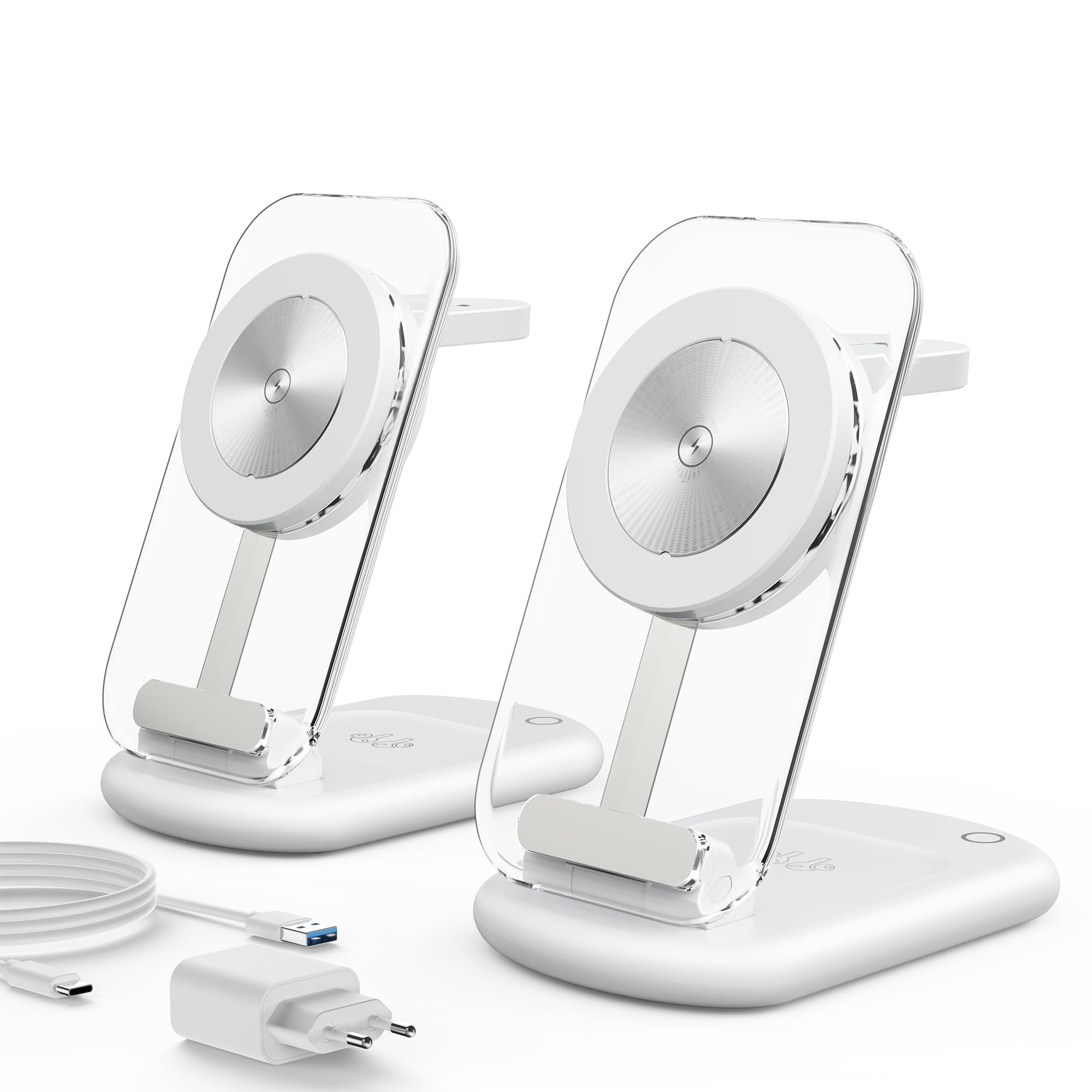 Mag-Safe Charger Wireless Charger, 3 in 1 15W Wireless Charger, Inductive Charging Station for iWatch iPhone 17e/17/16/15/14/13/12 Series, AirPods 3/2/Pro, Silver Pack of 2 - T618-F