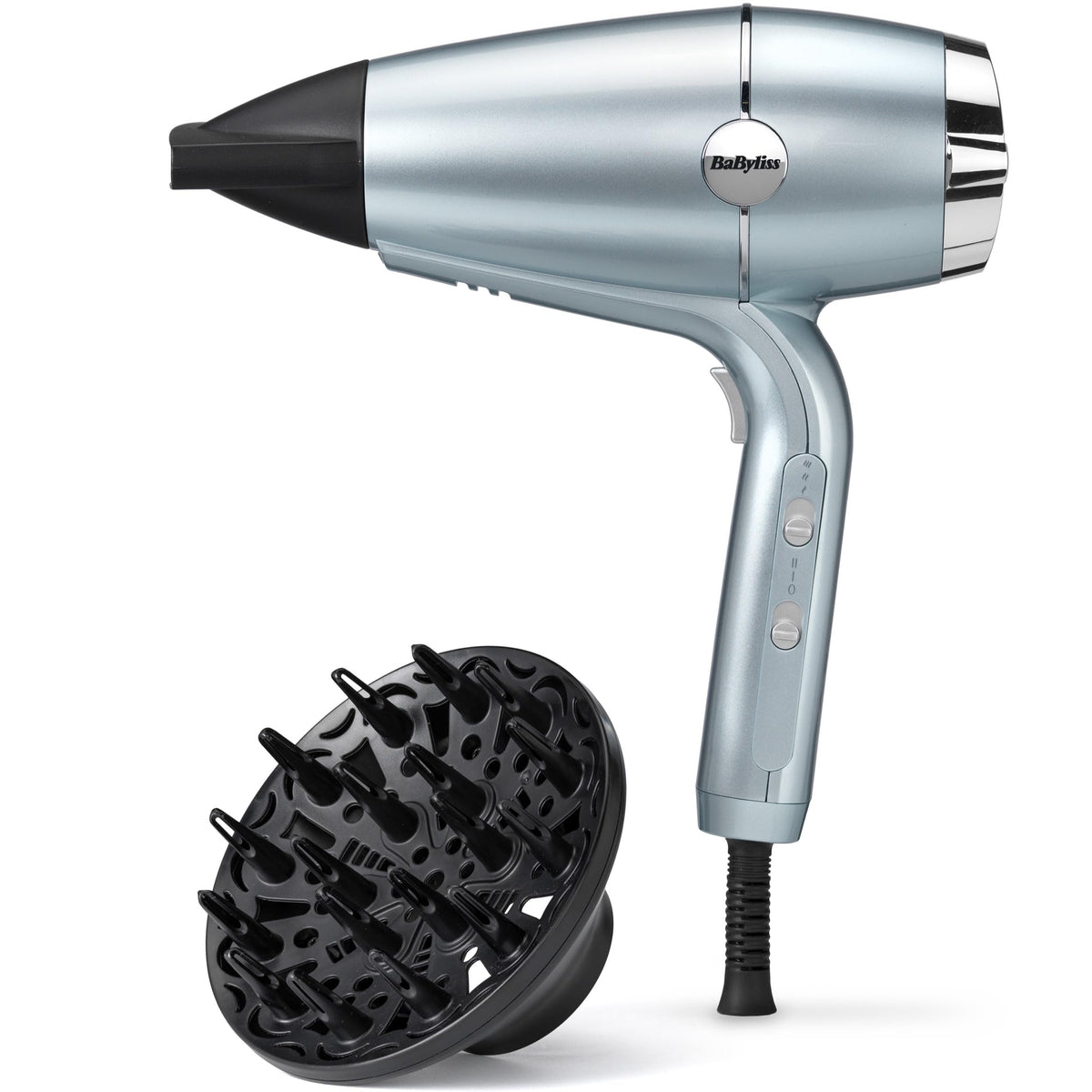 BaByliss Hydro‑Fusion Uscător de păr cu difuzor – Uscător de păr profesional de 2100 W cu ionizare pentru un styling fără frizz, tehnologie plasma pentru strălucire, design ușor, 3 niveluri de căldură și 2 viteze ale aerului, Albastru, D773DE