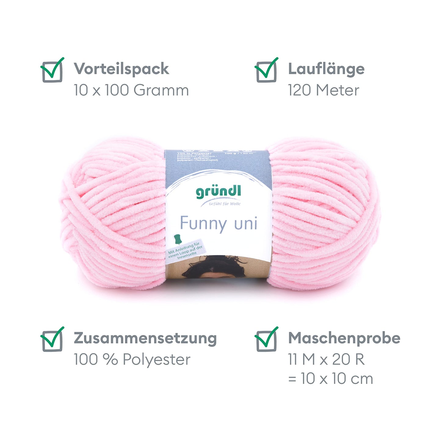 Gründl Wolle Funny uni - soft chenille wool for crocheting - cuddly and skin-friendly - 100% polyester - 10 balls 100 g / 120 m - needle size 5-6, pastel pink - 3442-06