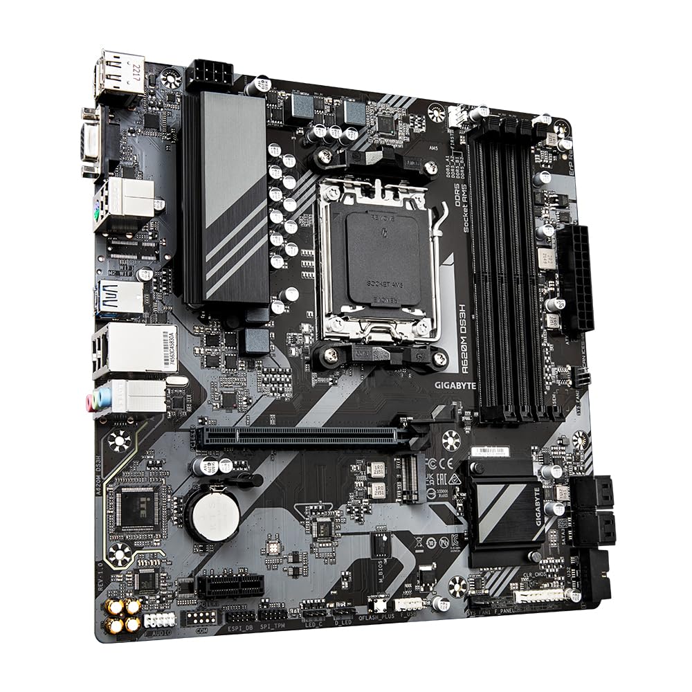 Placa de bază GIGABYTE A620M DS3H - Suportă procesoare AMD Ryzen 8000, VRM digital pe 5+2+2 faze, până la 7600MHz DDR5 (OC), 1xPCIe 4.0 M.2, LAN GbE, USB 3.2 Gen 1