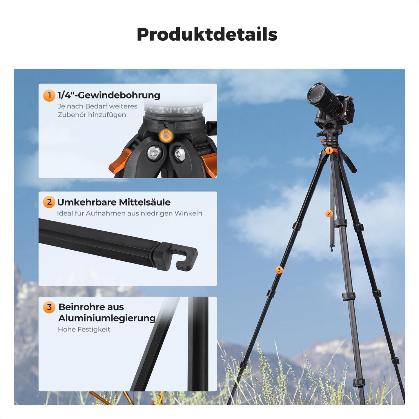 K&F CONCEPT tripod camera with fluid head, gentle pan/tilt for DSLR, mirrorless cameras and camcorders, 230cm aluminum tripod with 90 degree center column, for live streaming, vlogging and spotting scopes - KF09.172