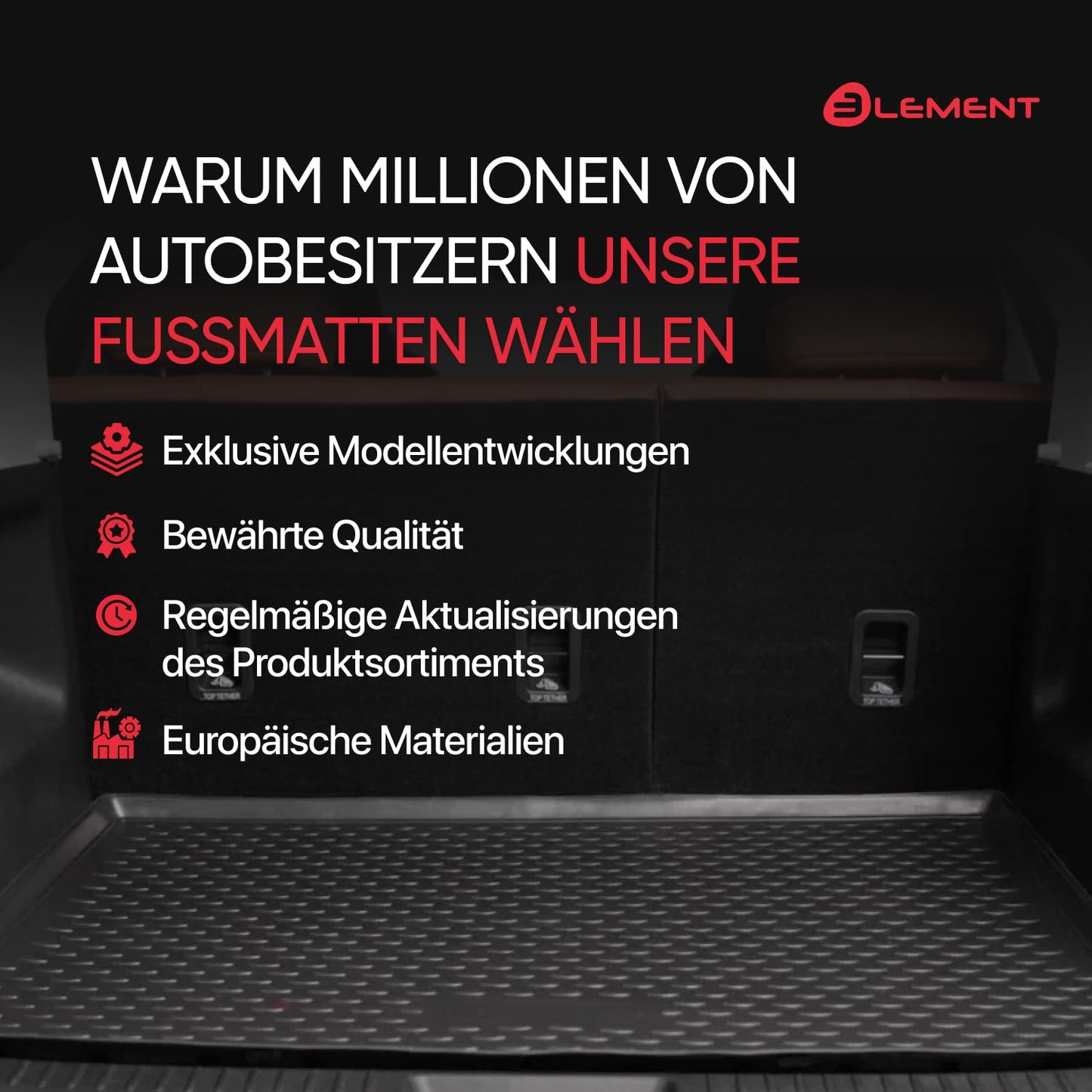 Element precisely fitting premium anti-slip boot mat suitable for VW Polo GTI (VI Restyling) | 2021 -> | 5 doors | lower loading floor position | 100% custom-fit anti-slip car mat - EXP.CARA70075N11