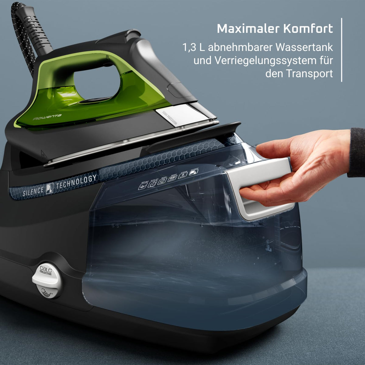 Rowenta Silence Steam Pro Stație de călcat cu abur, 2800 W, cantitate de abur continuu 150 g/min, impuls de abur extra 620 g/min, funcție Eco, rezervor de apă detașabil de 1300 ml, Negru/Verde, DG9248 - DG9248F0