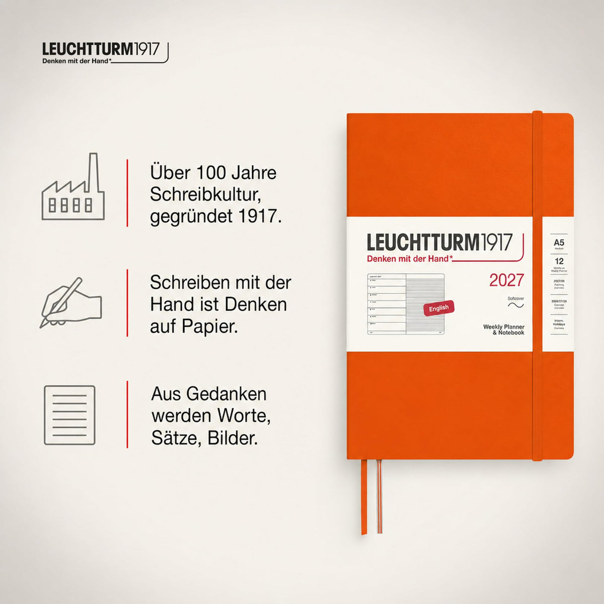 LEUCHTTURM1917 Calendar săptămânal 2027 mediu (A5) cu carnet, cu linii - planificator de întâlniri în engleză, dovleac, copertă moale, 145 x 210 mm, ianuarie-decembrie 2027, prezentare generală săptămânală în stânga + pagină cu note în dreapta - 400236