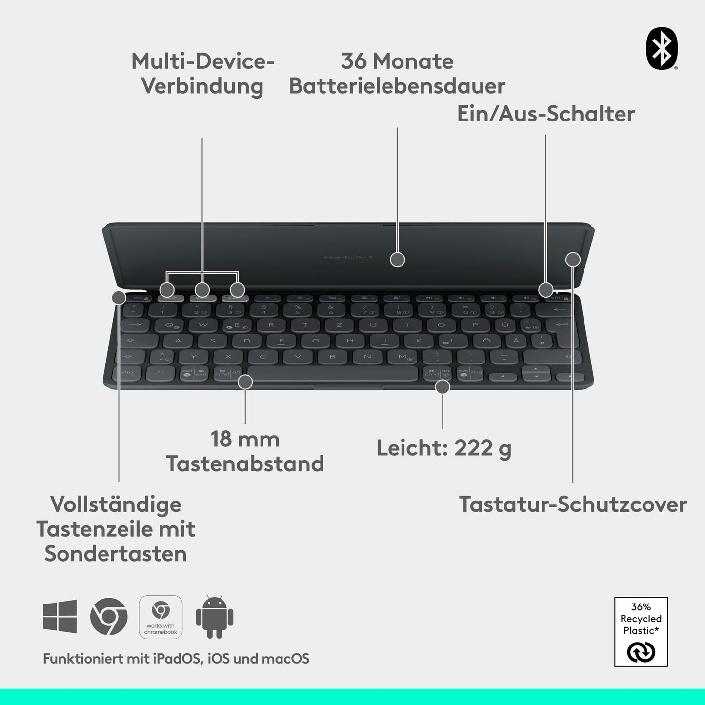 Logitech Keys-to-Go 2, mobile Bluetooth keyboard for tablets with integrated protective cover, slim, wireless keyboard for Windows, Android, Linux, iPad, iPhone, Mac, Apple TV, DEU QWERTZ - Gray - 920-012964