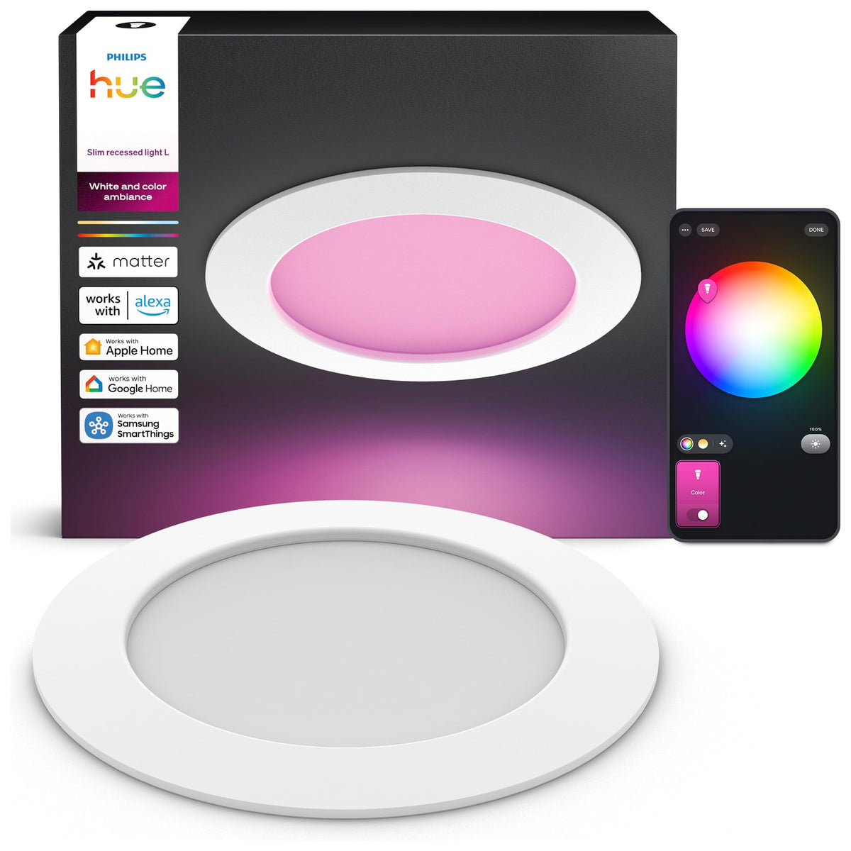 Philips Hue Slim Downlight, spot încastrat cu LED, 1.000 lm, 90 mm, design subțire, lumină de zi cu spectru complet 1.000–20.000 K, dimabil continuu, culoare precisă, iluminat inteligent, alb, pachet de 3 buc. - 929004291201