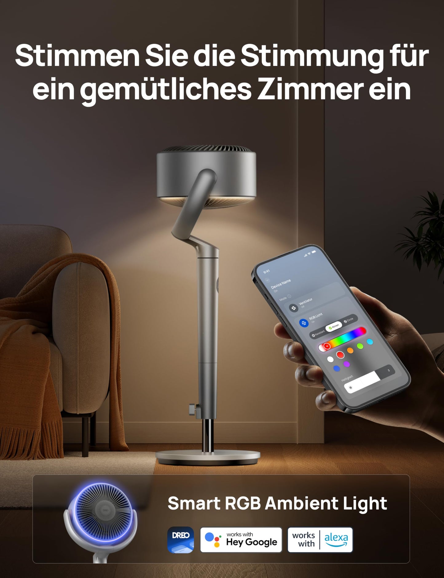 DREO Smart Pedestal Fan with RGB Light, 120° +120° Oscillating Fan with Remote Control, 20dB Quiet Floor Fan for Bedroom, 8H Timer, Silver - DR-HPF008S