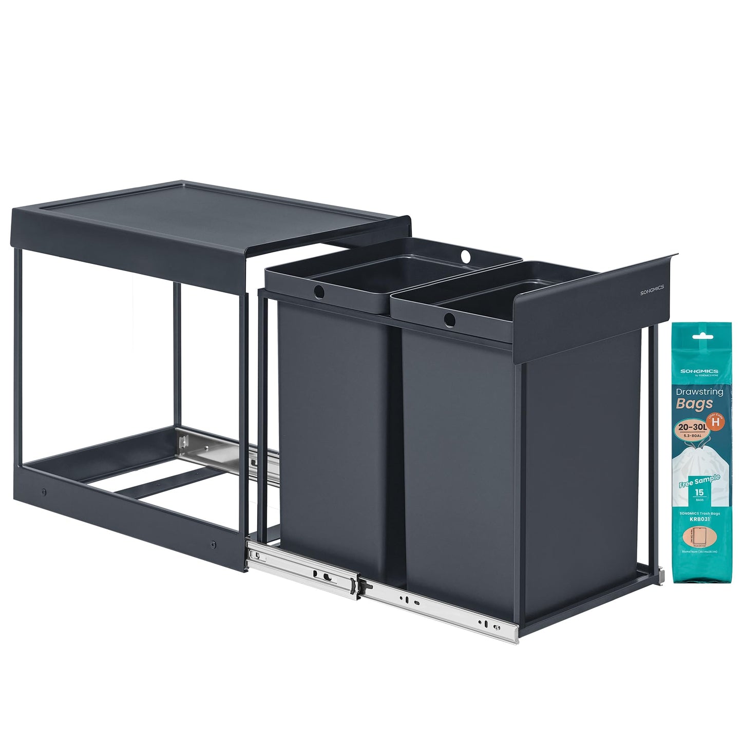 SONGMICS waste bin kitchen, waste separation system for base cabinet, 2 x 20 L, waste bin 2 compartments, extendable, steel frame, ABS lid, gray LTB951GZ01