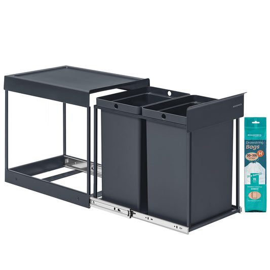 SONGMICS coș de gunoi bucătărie, sistem de separare a deșeurilor pentru dulapul de bază, 2 x 20 L, coș de gunoi cu 2 compartimente, extensibil, cadru din oțel, capac ABS, gri LTB951GZ01