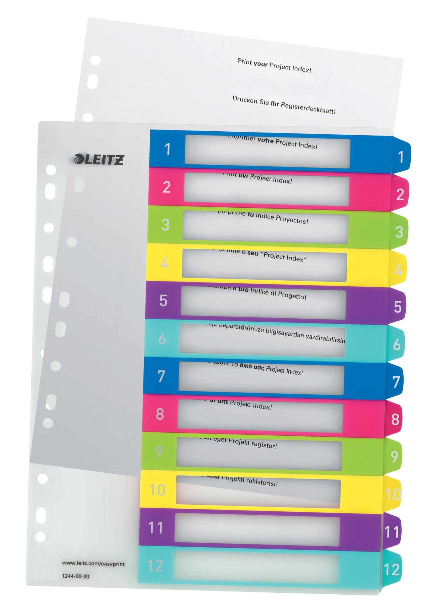 Leitz index for A4, pack of 10, PC-writable cover sheet and 12 dividers, tabs with numbers printed 1-12, extra width, multi-colored, polypropylene, WOW, 12440000