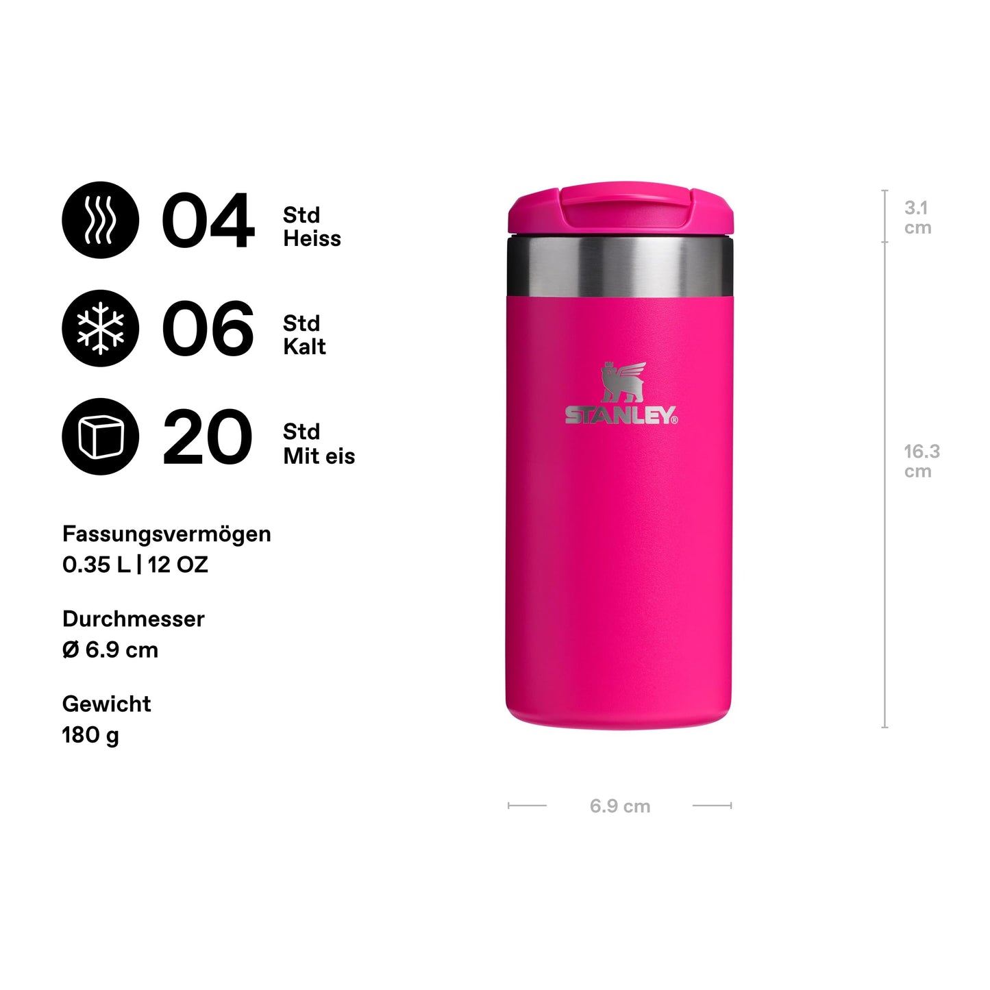 Stanley 1913 Aerolight Transit Thermo Mug 0.35L - Keeps Hot for 4 Hours - Dishwasher Safe - Coffee Mug To Go Leak-Proof - Compatible with Common Car Drink Holders - Thermos Flask - Pink - 100000004555