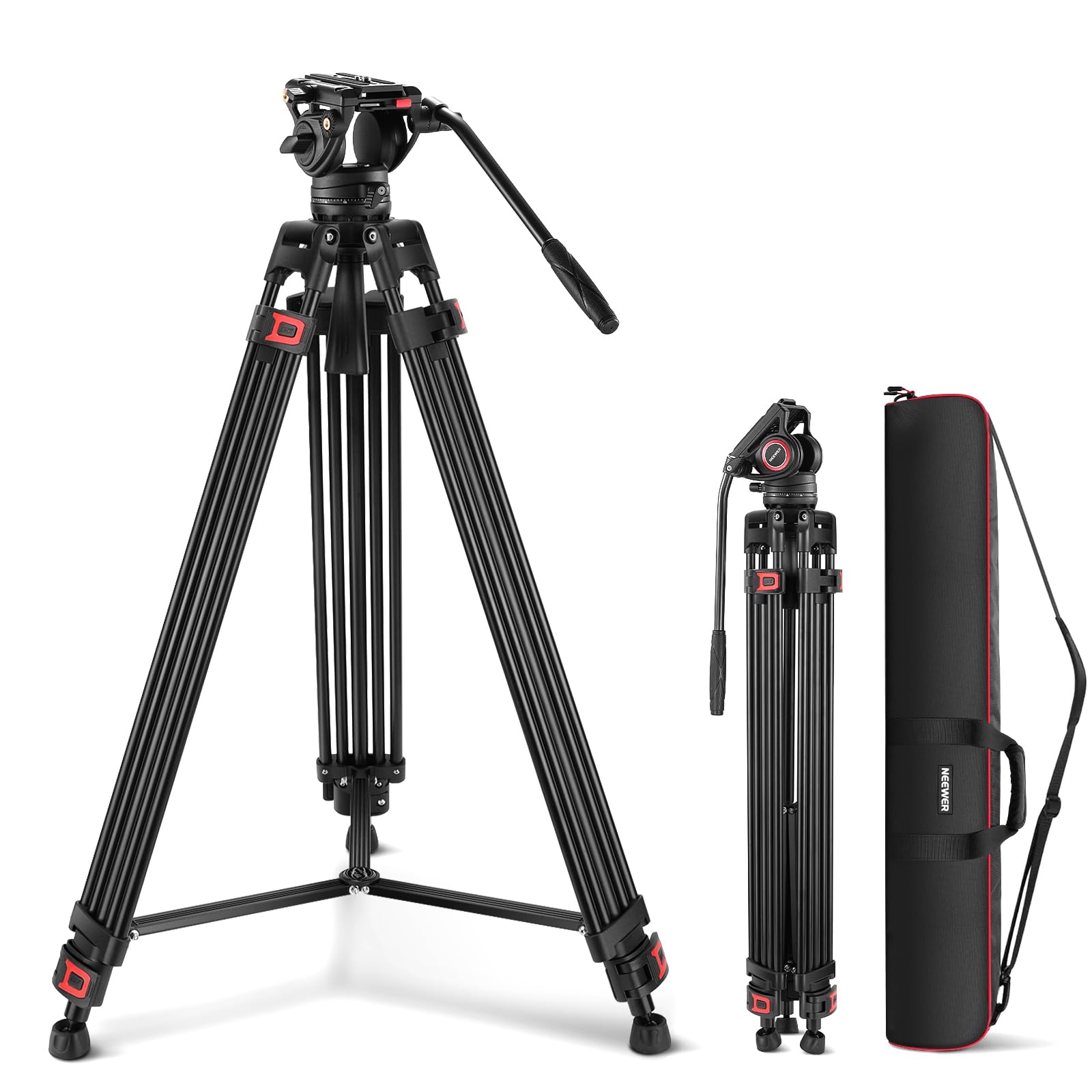 NEEWER 74" Pro Video Tripod with Fluid Head, QR Plate Compatible with DJI RS Gimbals, Heavy Duty Camera Tripod with Telescopic Handle Scaled Base for DSLR, Max Load 17.6lb/8kg, TP74