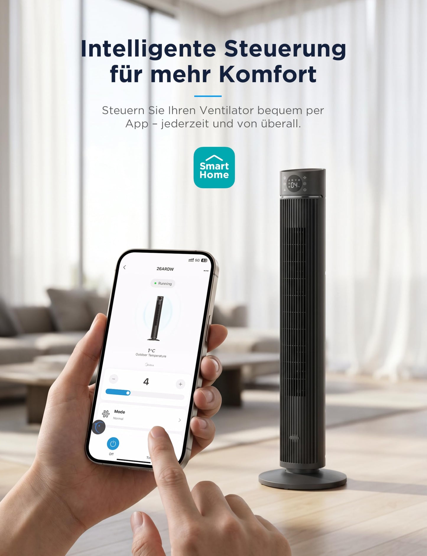 Midea FZ10-26ARDW Smart Quiet Tower Fan with Remote Control, 19 dB Whisper Quiet, DC Motor, 4 Modes & 12 Levels, 24h Timer, App Control for Bedroom, Living Room & Office, Black, 105cm - FZ10-26ARDW(BL)