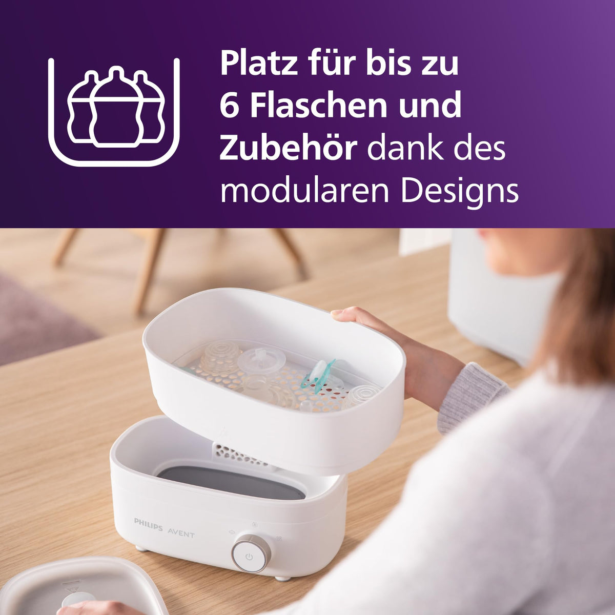Philips AVENT Sterilizator și uscător pentru biberoane Premium, elimină 99,9% din bacterii, fără substanțe chimice, capacitate pentru 6 biberoane/suporturi/accesorii, model SCF293/00