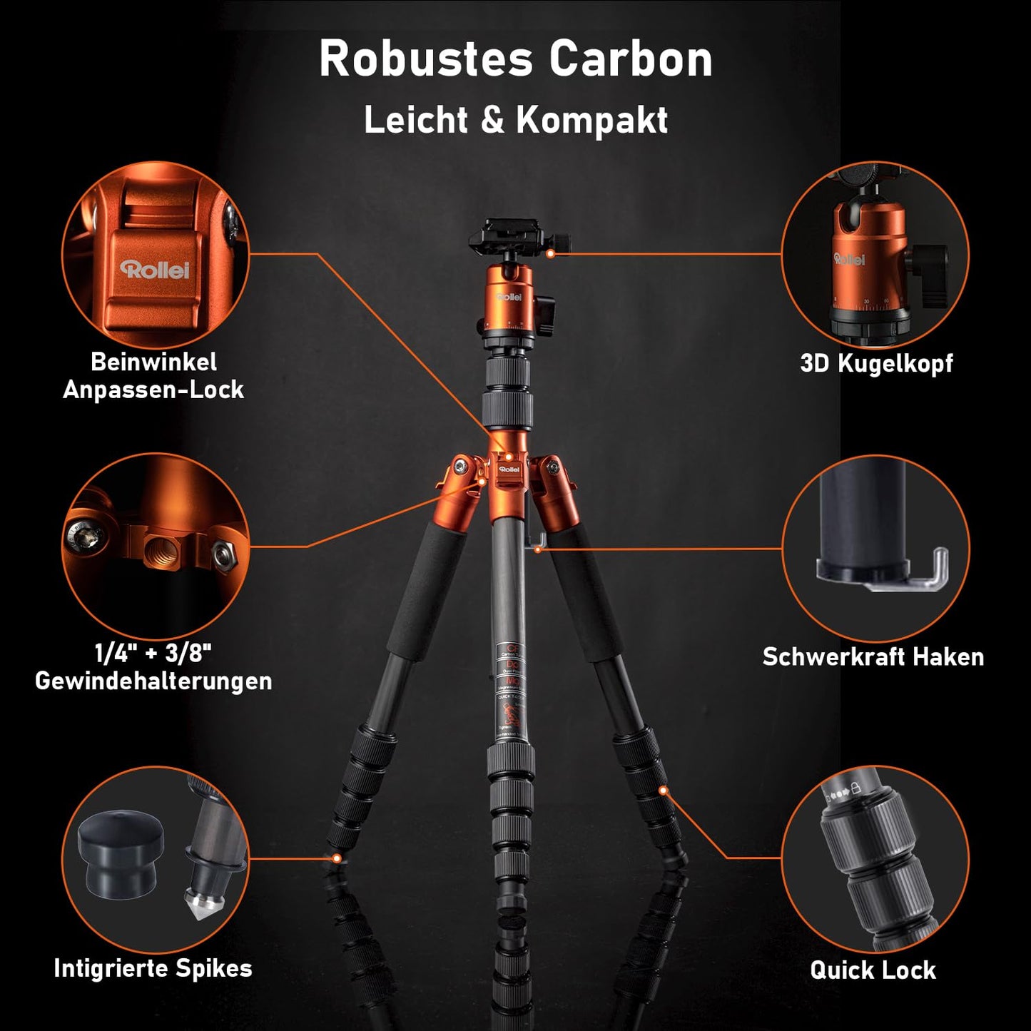 Rollei Compact Traveler No.1 Carbon Orange, 145cm camera tripod pack size 34cm compact photo tripod with ball head Arca Swiss compatible lightweight travel tripod with monopod function for DSLR & smartphone - 22579