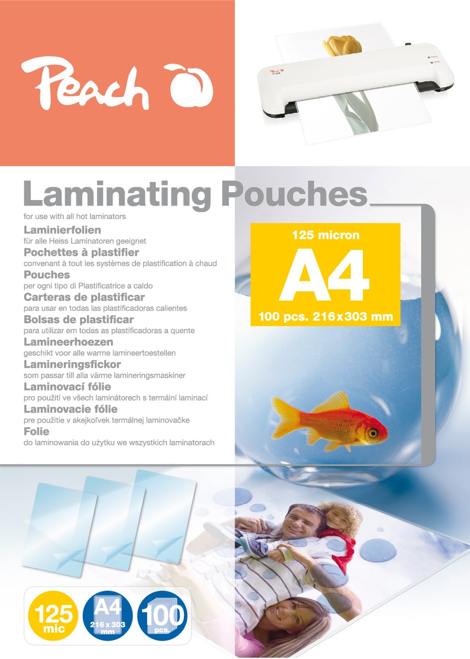 Film de laminare peach A4-125 mic - 6x 100 buc - lucios - potrivit pentru toate mașinile de laminat - PP525-02 - PP525-02P