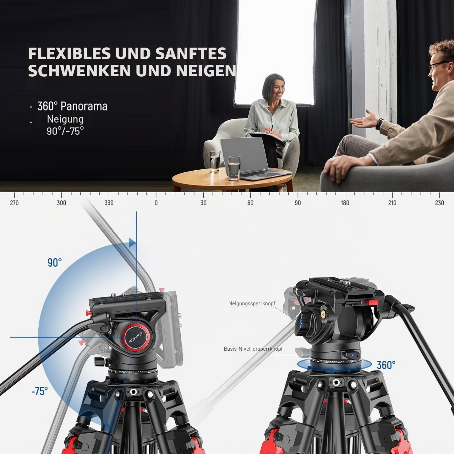 NEEWER 76" Video Camera Tripod with Fluid Head, Aluminum Heavy Duty Tripod Stand, Dual Mode QR Plate for DSLR Cameras Camcorders, Max Load 17.6lb, LL27