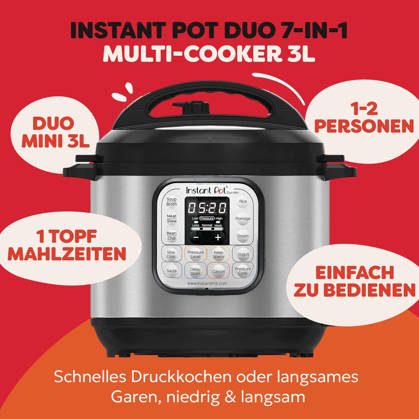 Instant Pot Duo 30 electric multi-cooker 3L - pressure cooker, slow cooker, rice cooker, sauté pan, yogurt maker, steamer and food warmer, made of stainless steel, silver - 110-0045-01-EU