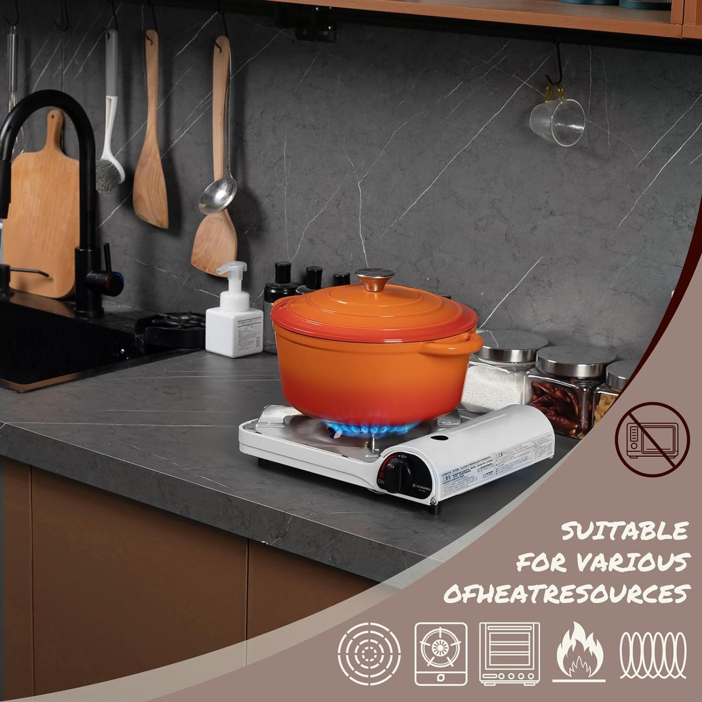 Overmont Casserole Cast Iron Pot 26cm - Enamel Roaster with Lid Oven Safe - with Cookbook - for Kitchen Baking Stewing Roasting Orange - OM-Enamel