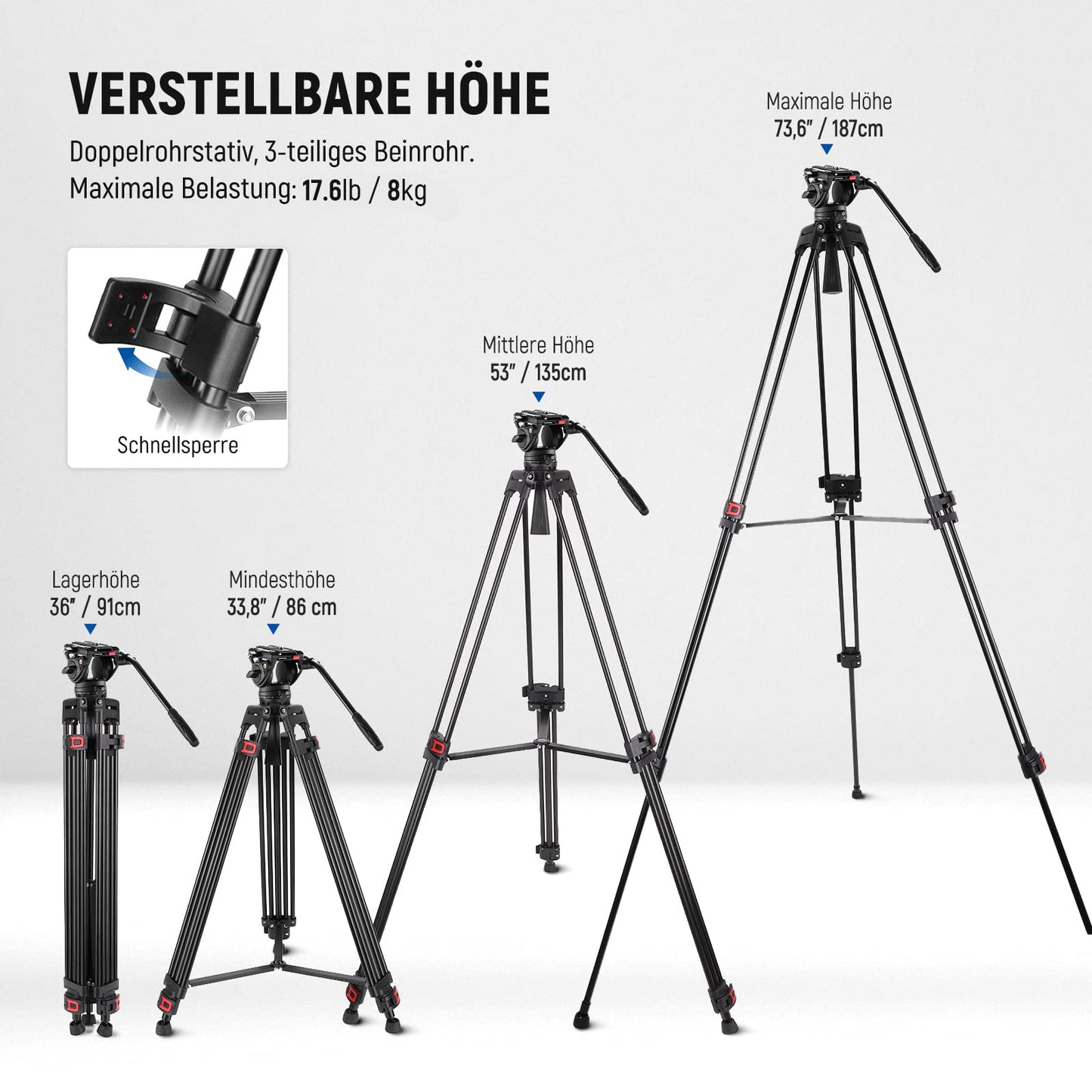 NEEWER 74" Video Tripod with Fluid Head & Damping Control, Aluminum Heavy Duty Camera Tripod Professional with QR Plate for DSLR Camcorder for Video Recording, Cleaning Cloth, Max Load 17.6 lbs, TP74