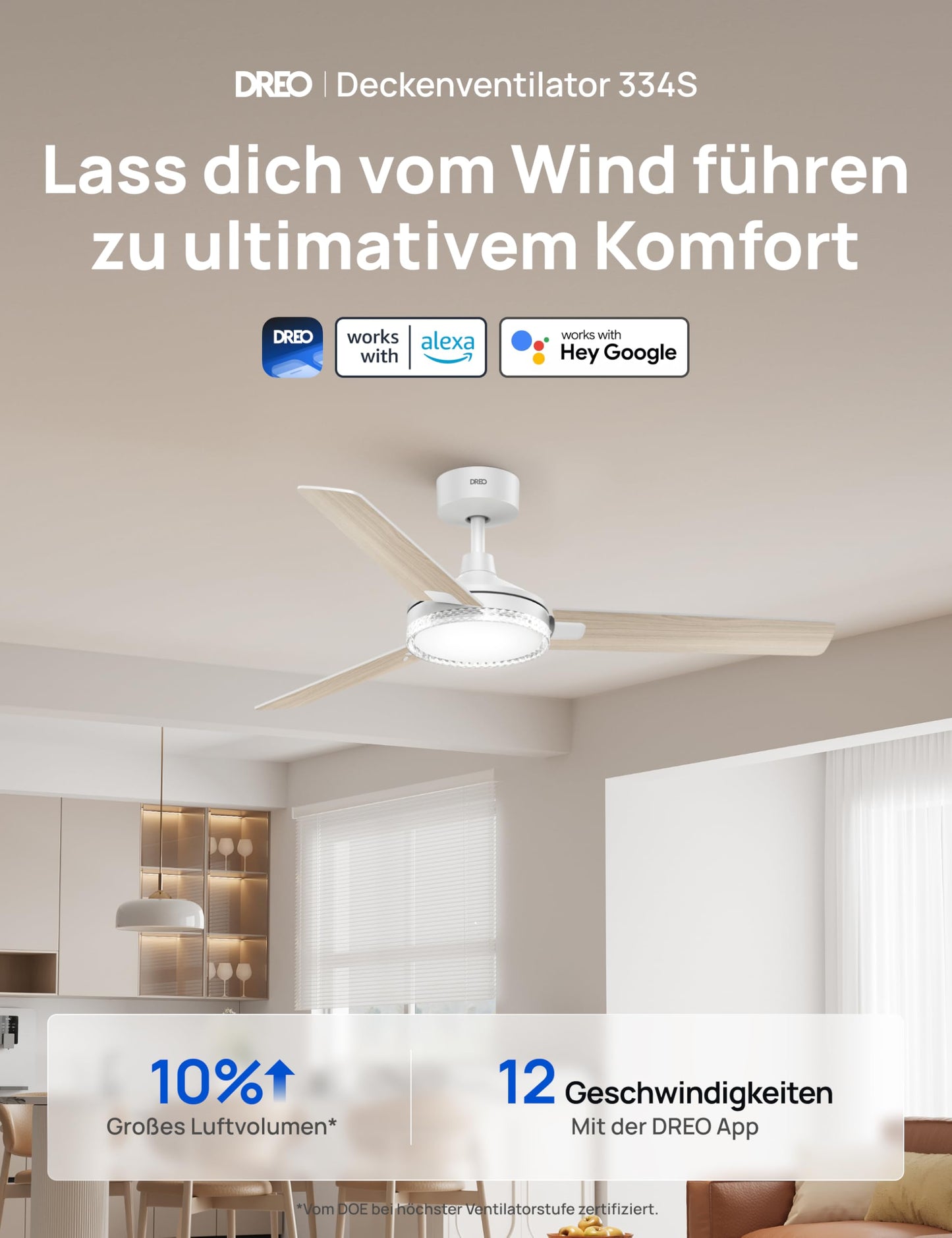 DREO Smart Ceiling Fan with Light, 52" 12 Speeds & 3 Modes, Continuous Color Temperature, Dimmable LED, 1-12 Hour Timer, Quiet DC Motor, App & Alexa Control, Wall Switch, White - DR-HCF004S