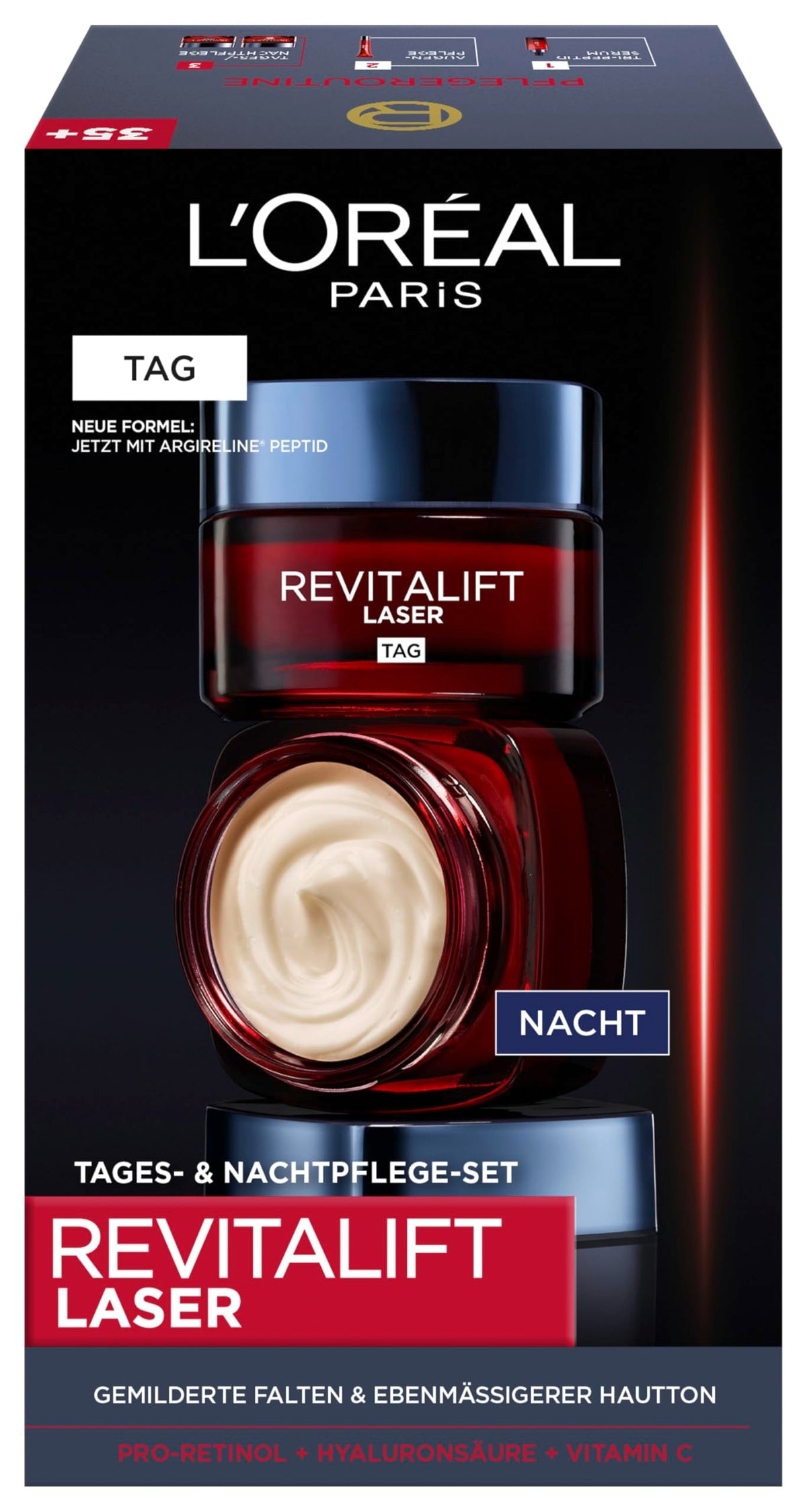 Set de îngrijire a feței L'Oréal Paris, îngrijire anti-îmbătrânire pentru zi și noapte cu efect triplu - cu Pro-Retinol, Hyaluron și Vitamina C, Revitalift Laser, 2 x 50 ml