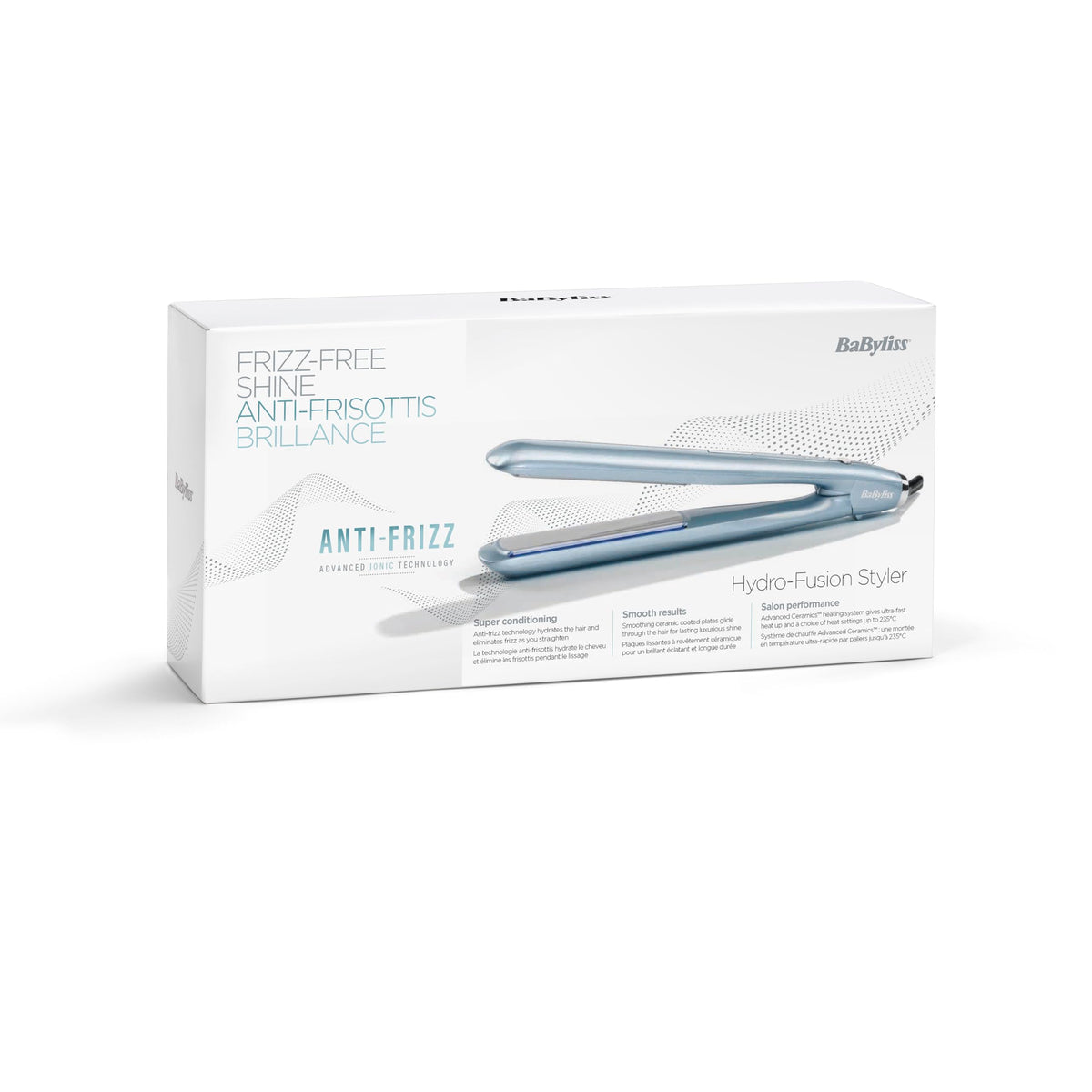 BaByliss Hydro Fusion Placă de îndreptat – Tehnologie Dual-Ion, efect anti-frizz, 5 setări de temperatură, încălzire rapidă, oprire automată – Albastru, ST573E