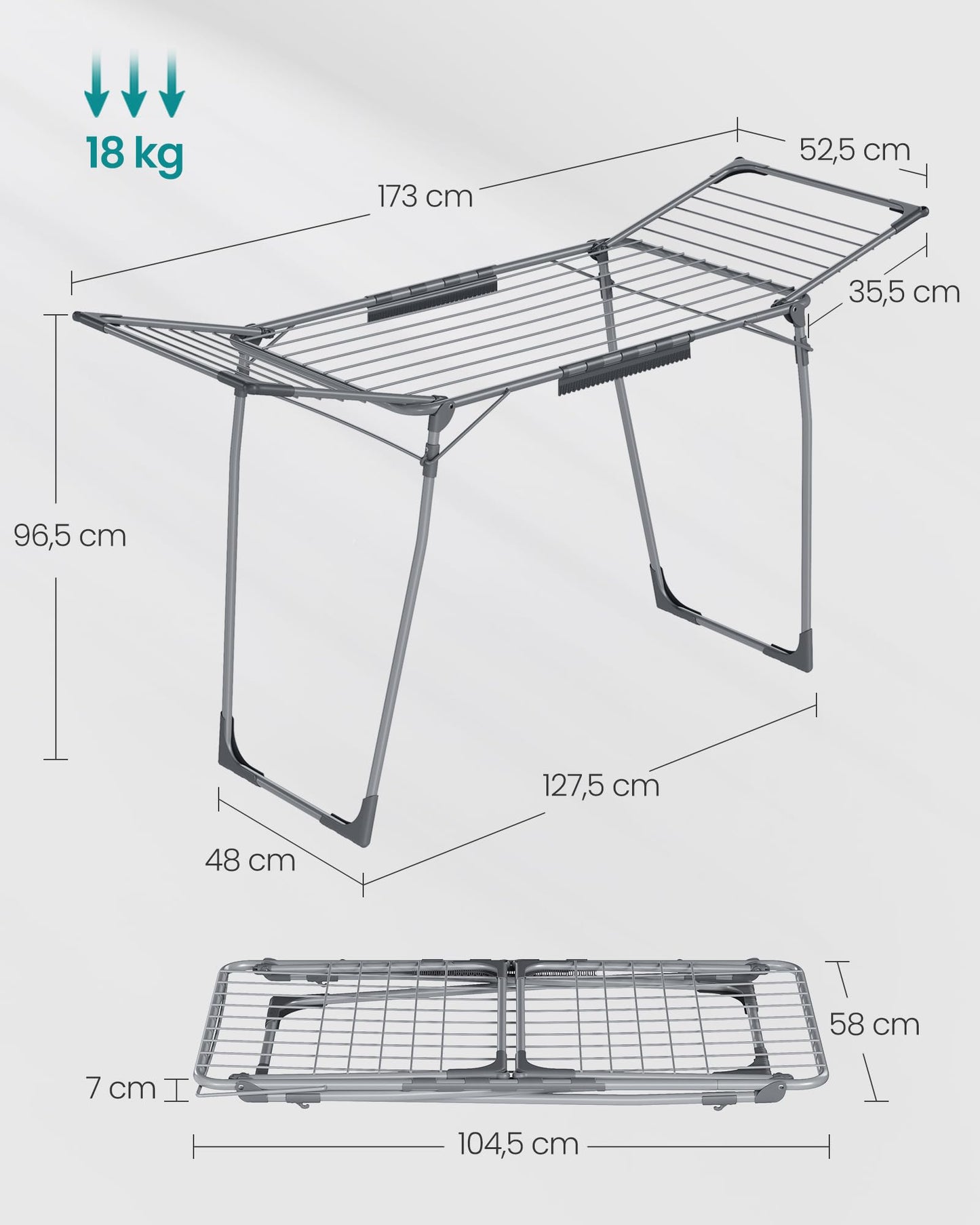 SONGMICS clothes airer, stand dryer 52.5 x 173 x 96.5 cm, wing clothes airer, wing clothes dryer, space-saving, with sock holder, metal, for clothes, towels, laundry, gray LLR518G01