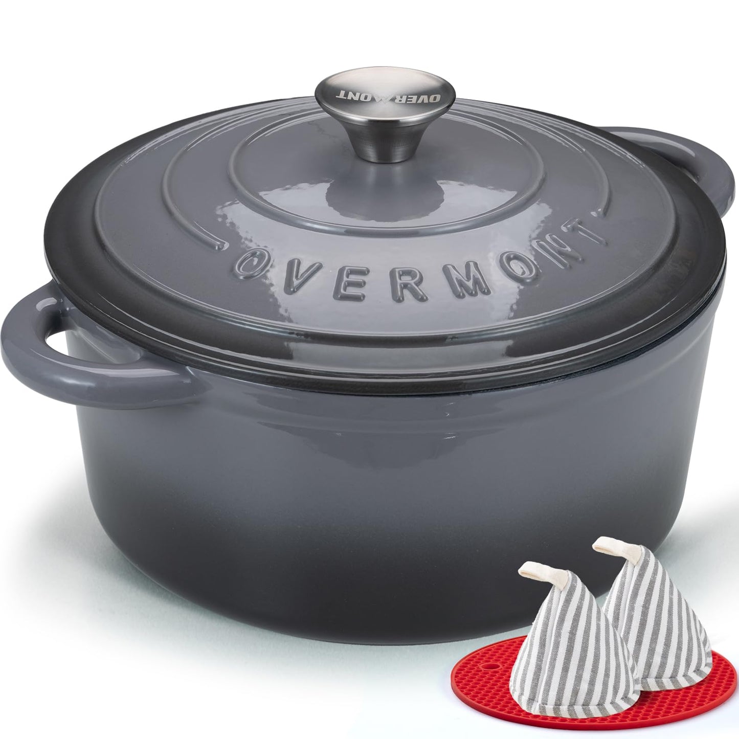 Overmont roasting pan enamel cast iron pot - casserole dish 28cm oven-safe - with lid and cookbook - for kitchen baking stewing roasting grey - Enamelled
