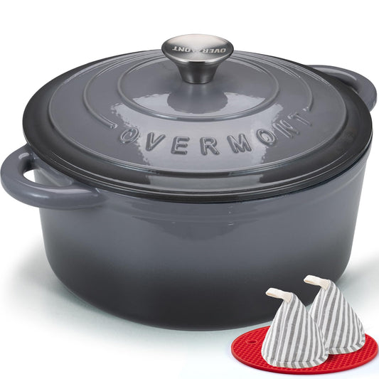 Vas de gătit Overmont, din fontă emailată, vas de gătit - oală de 24 cm sigură pentru cuptor - cu capac și carte de bucate - pentru gătit, coacere, înăbușire, prăjire, gri - Emailat