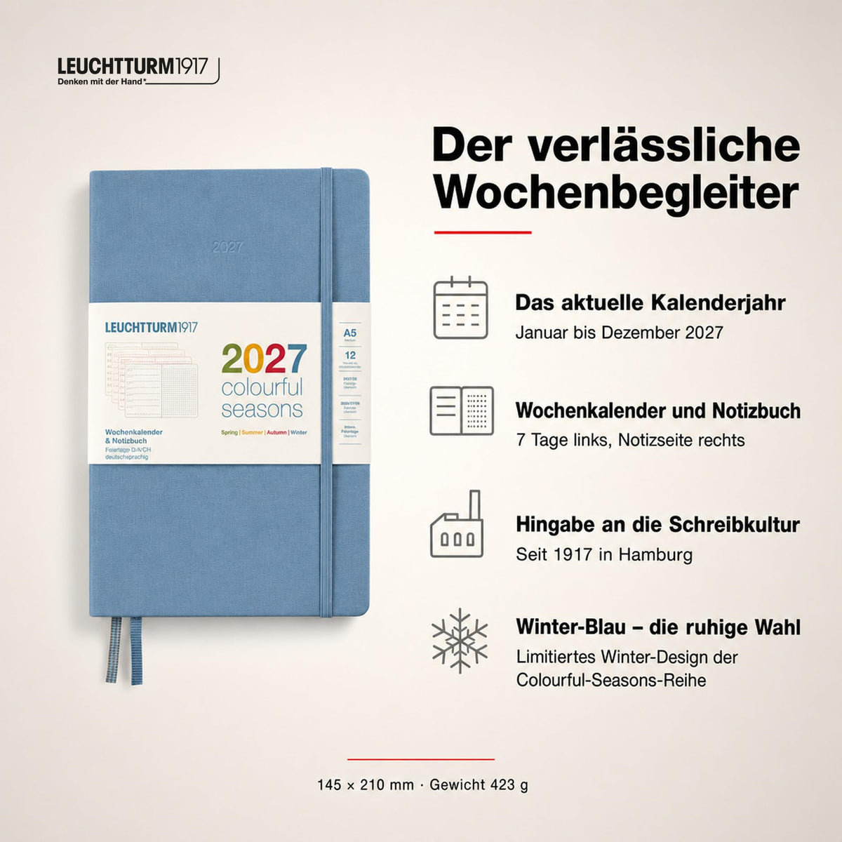LEUCHTTURM1917 Calendar săptămânal și caiet cu puncte medie (A5) 2027, anotimpuri colorate albastru, engleză, cartonat, prezentare generală calendar 2026/2027/2028, prezentare generală a planificării 01.27-12.28, planificator de proiecte - 400371
