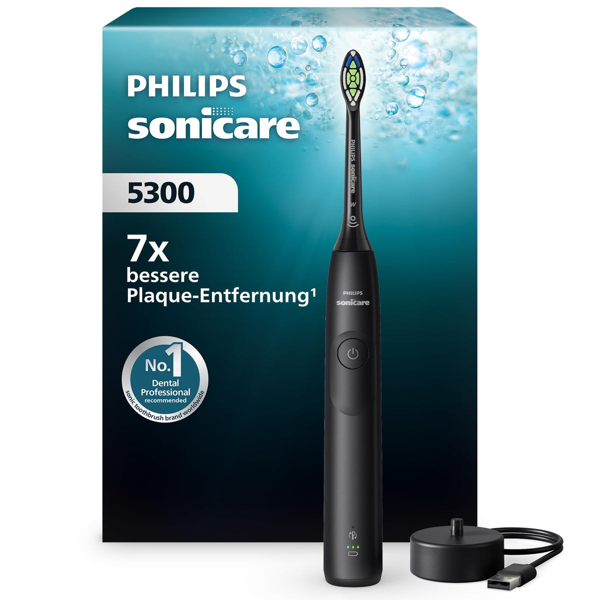 Periuță de dinți electrică Philips Sonicare 5300, periuță cu ultrasunete cu 2 niveluri de intensitate, control al presiunii, EasyStart, Smartimer și BrushPacer, neagră, model HX7101/01 [Tehnologie nouă]