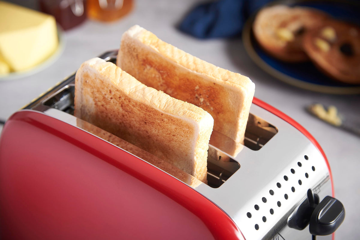 Russell Hobbs Toaster [for 2 slices] Colours Plus Stainless Steel Red (extra wide toasting slots, includes bun warmer, 6 browning levels + defrost function, Lift & Look feature, 1600W) 26554-56
