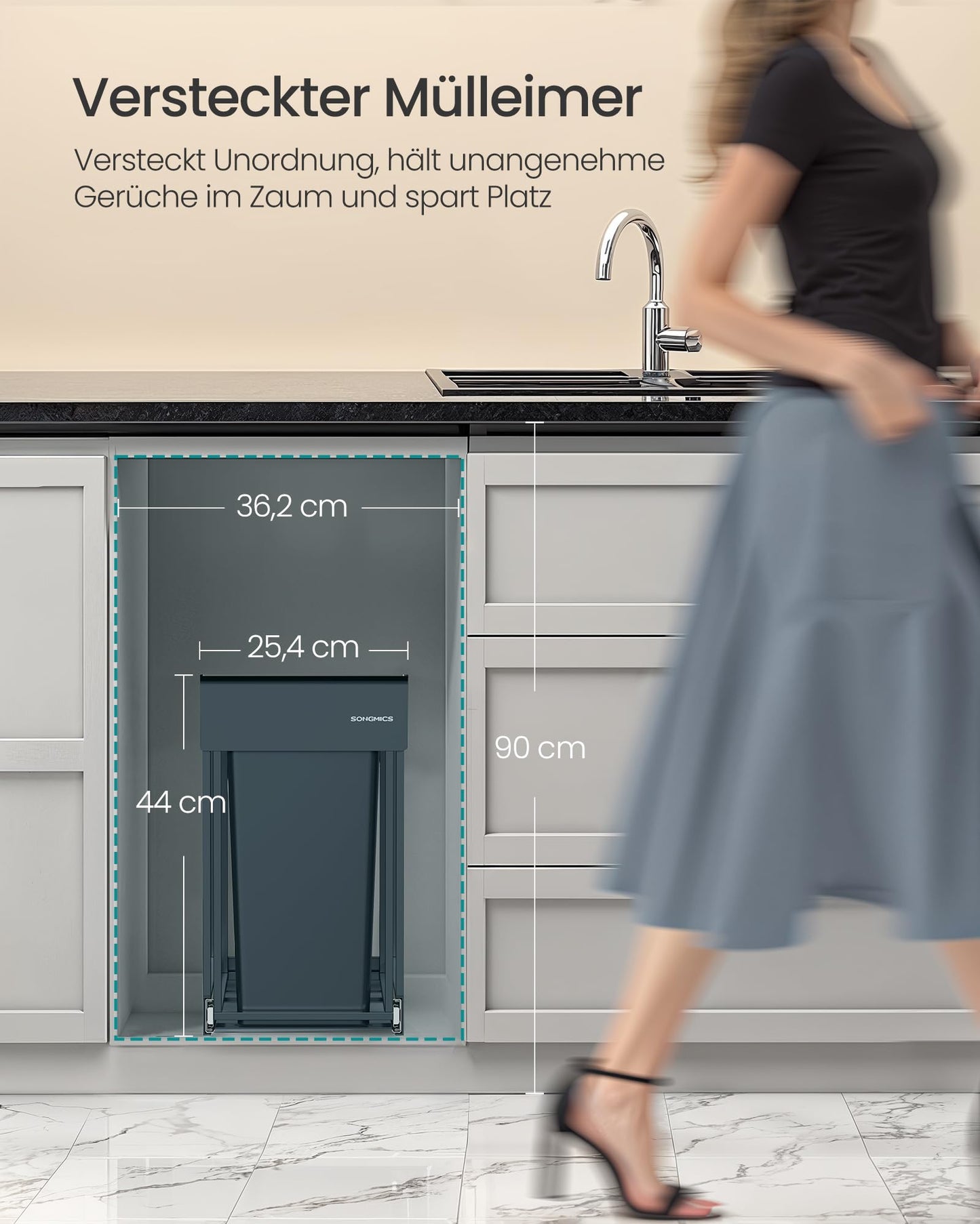SONGMICS waste bin kitchen, waste separation system for base cabinet, 2 x 15 L, waste bin 2 compartments, extendable, steel frame, ABS lid, gray LTB950GZ01