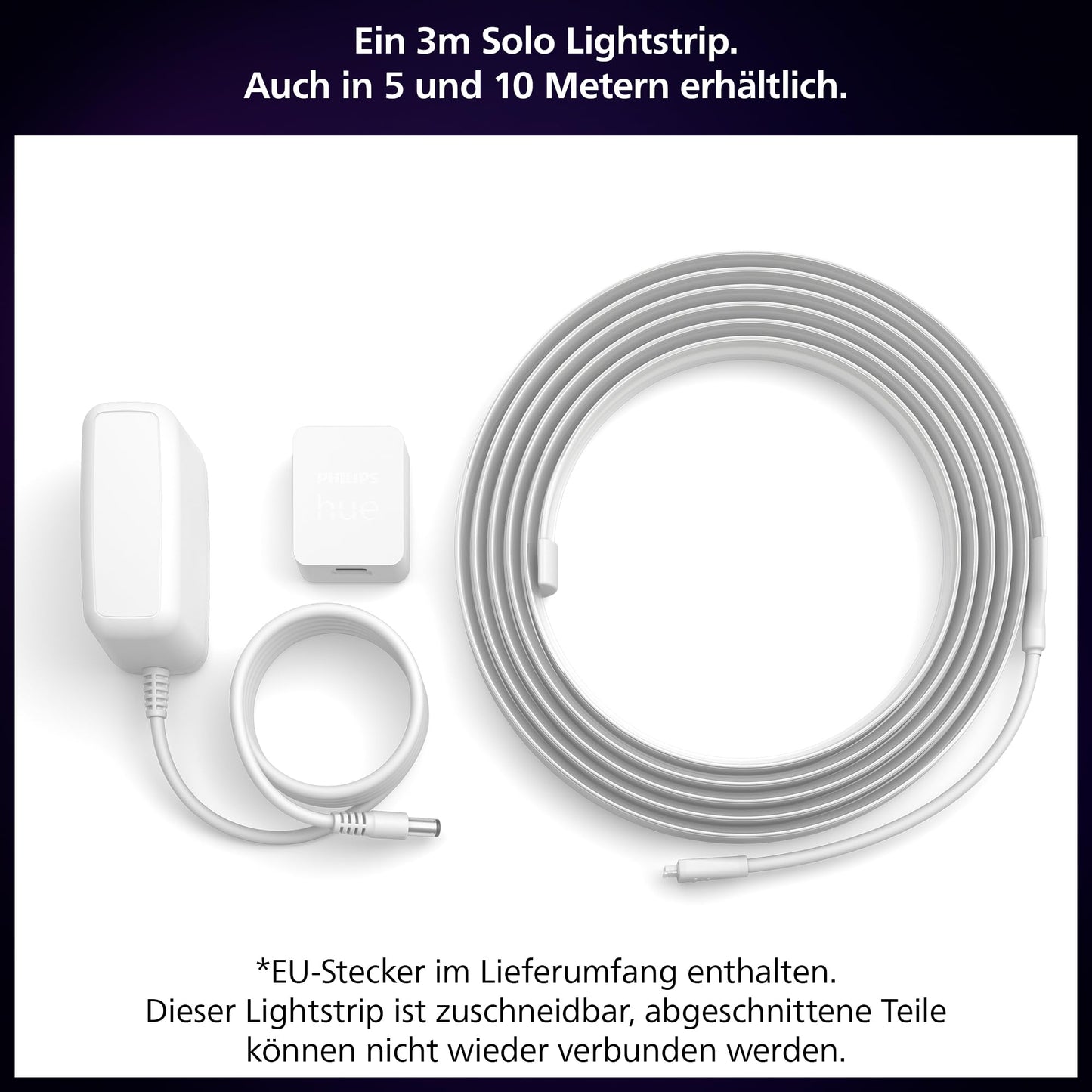Philips Hue Indoor 3m Smart LED Solo Lightstrip basic set, pack of 1, indirect lighting can be controlled with the Hue app, LED strip works with Alexa, Google Assistant and Apple HomeKit - 8720169326637