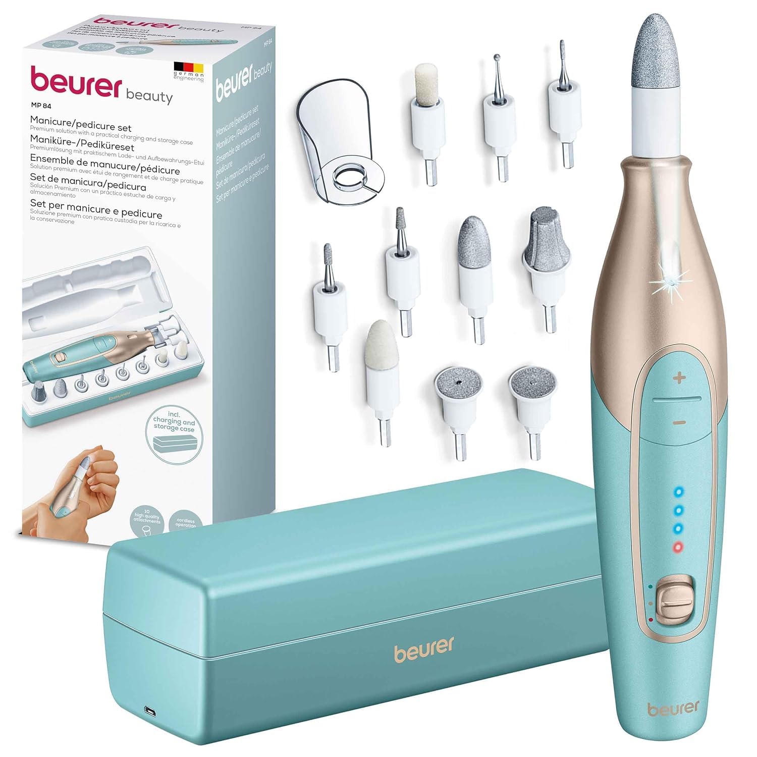 Beurer MP 84 manicure/pedicure set, electric nail file with battery, 10 attachments, LED light, including storage case, up to 4400 rpm, nail set for hand and foot care, turquoise - 570.02