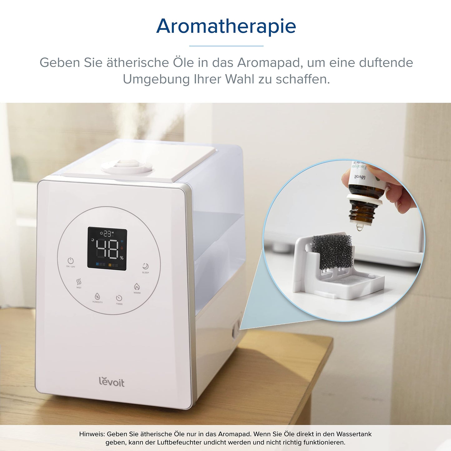Levoit Smart humidifier for large rooms, top-fill humidifier, warm & cold mist max 550 ml/h, up to 40-70m², quiet room humidifier for children's rooms, plants, auto shut-off, 6 L, white - LUH-A603S-WUK