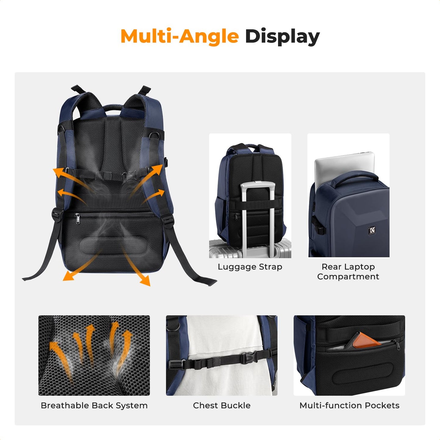 K&F CONCEPT camera backpack photo backpack with hard shell camera bag with 15.6 inch laptop compartment and rain cover, backpack for drones, deep blue - KF13.134V7