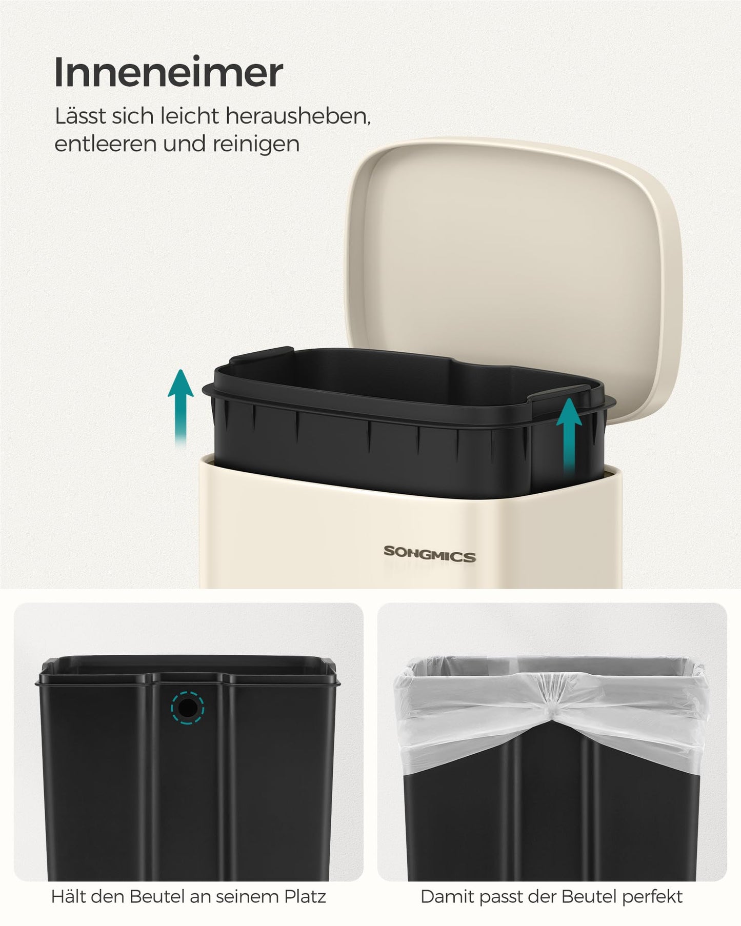 SONGMICS kitchen rubbish bin, 30 liters, waste bin, pedal bin, with lid, soft close, foot pedal, steel, inner bin, sand beige LTB03A02