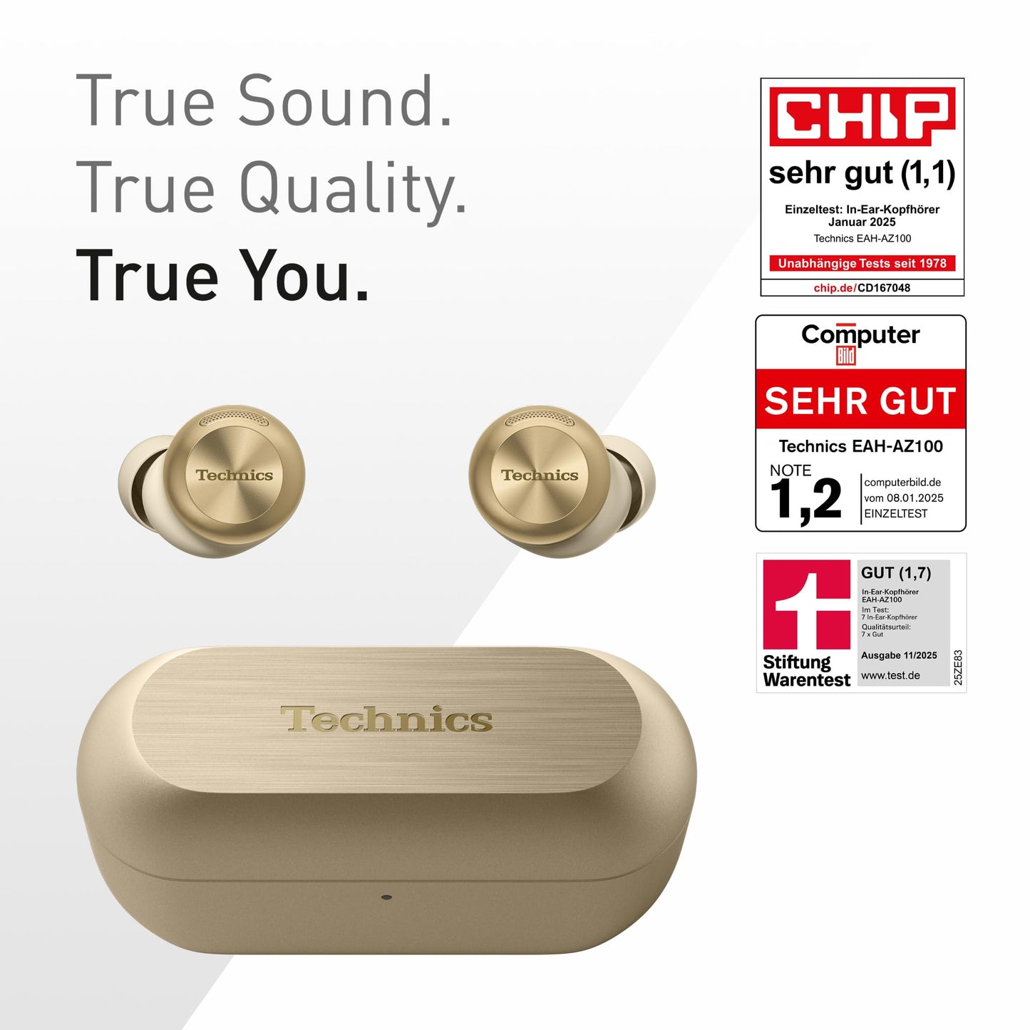 Technics EAH-AZ100E-N Wireless Noise Canceling Headphones, Comfortable In-Ear Headphones, Multipoint Bluetooth, Voice Focus AI, Champagne Gold
