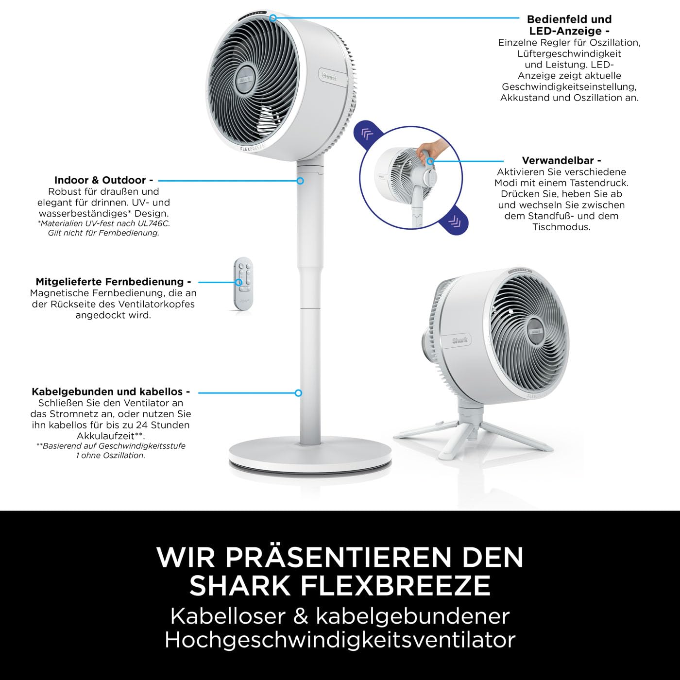 Shark FlexBreeze Fan Quiet, Hybrid Fan Wired & Wireless, Portable, for Indoor and Outdoor Use, UV & Water Resistant, Ultra Powerful, Ultra Quiet, White FA220EU - 0622356288651