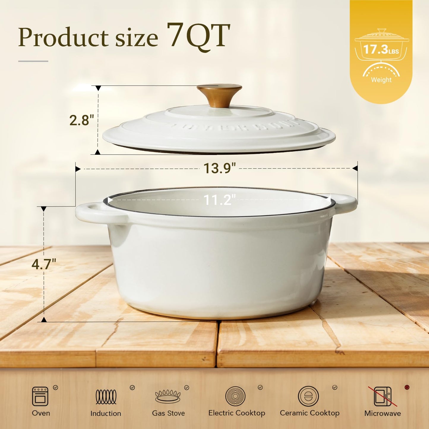 Overmont roasting pan enamel cast iron pot - casserole 28cm oven-safe - with lid and cookbook - for kitchen baking stewing roasting pearl white - 28CM-Enamel-Pearl