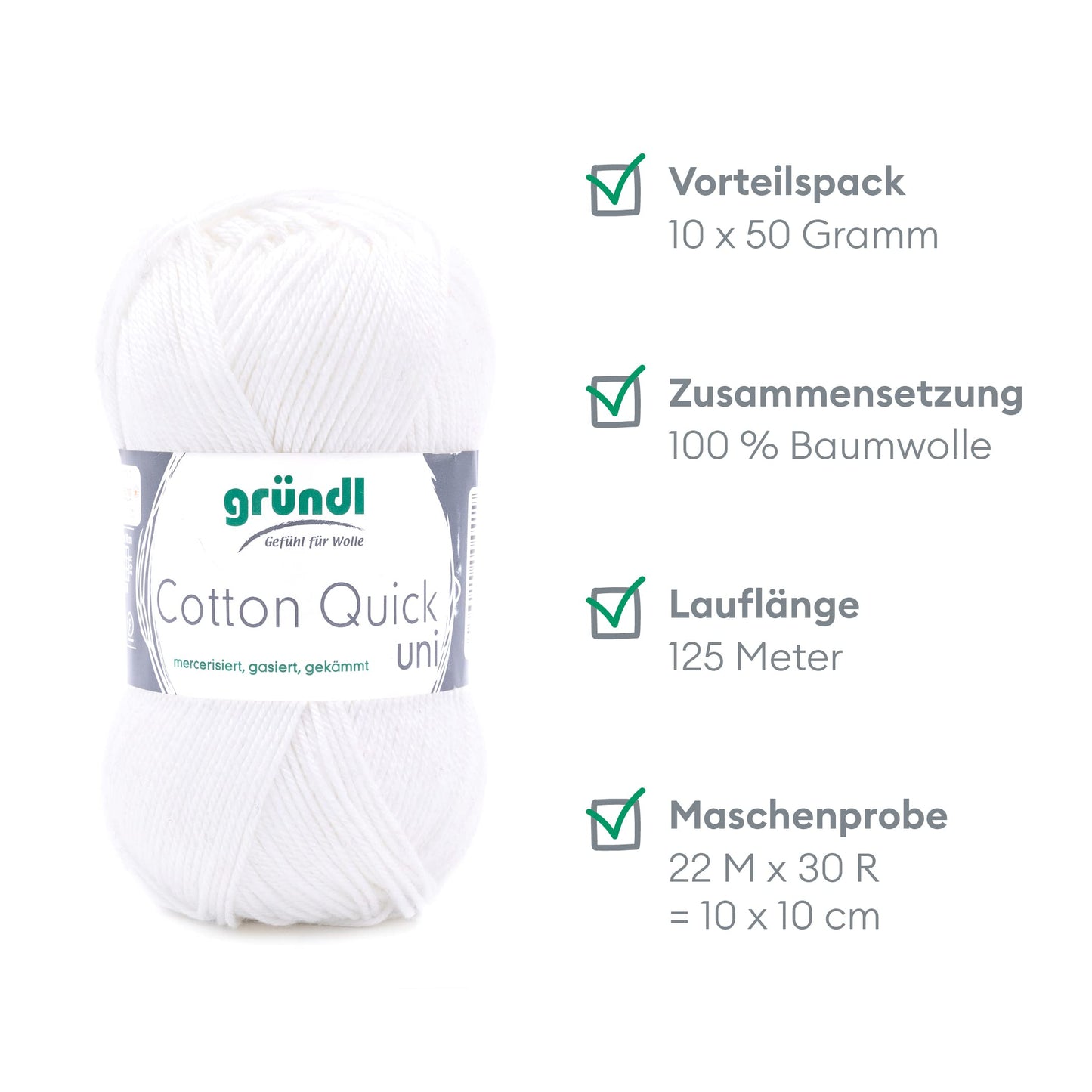 Gründl Wolle Cotton Quick uni - thin wool for crocheting - knitting yarn - crochet yarn - shiny and skin-friendly - 100% cotton - 10 balls 50 g / 125 m - needle size 3-4 - white - 865-01-10
