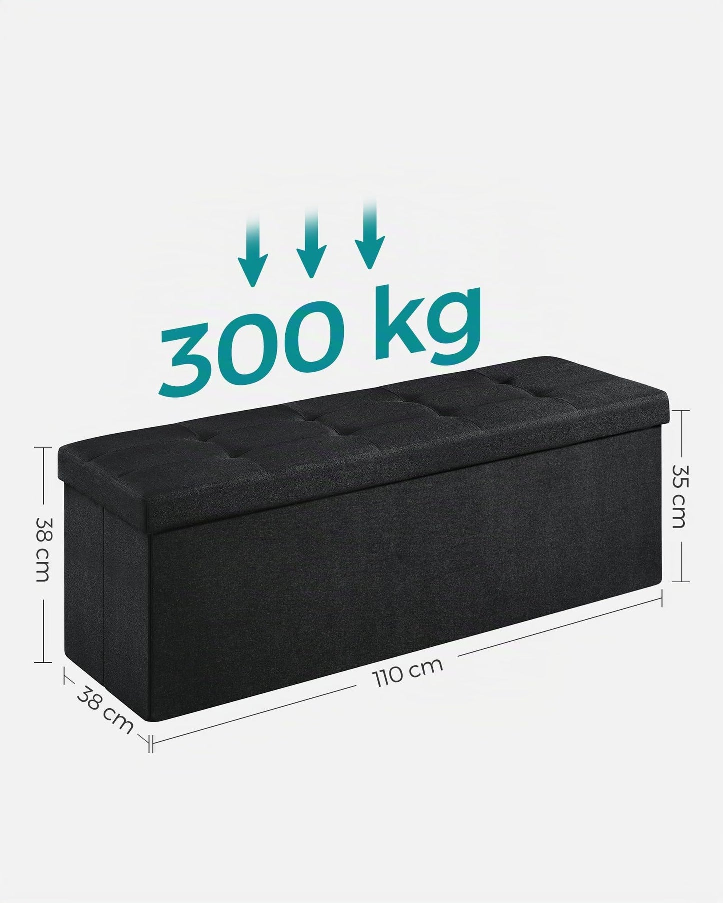 SONGMICS Stool with storage space, folding bench, 38 x 110 x 38 cm footstool, storage box, loads up to 300 kg, for living room, bedroom, hallway, ink black LSF077B01