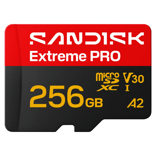 SANDISK Extreme PRO microSDXC 256GB, UHS-I Card + SD Adapter (up to 250 MB/s Read, up to 170 MB/s Write, 5K, 3K, 4K UHD, C10, V30, U3, A2) - SDSQXCJ-256G-GS6MA